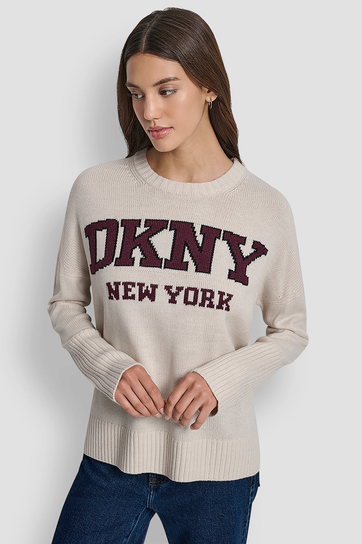 CORTADO HEATHER/SYRAH VARSITY LOGO INTARSIA CREW NECK RELAXED SWEATER, FRONT VIEW | All Products