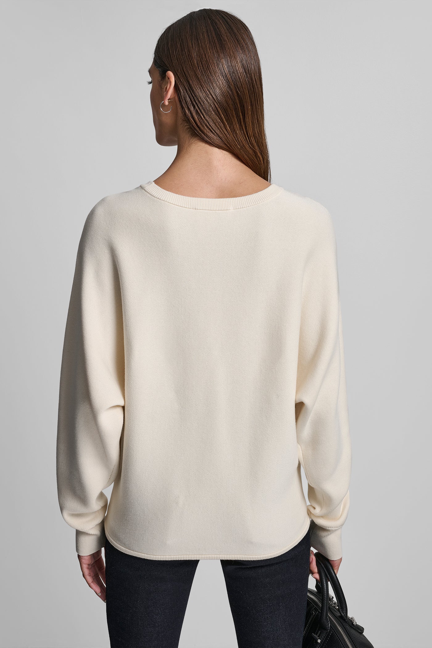 EGGNOG/BLACK DOLMAN SLEEVE SEQUIN LOGO SWEATER, VIEW 2 | DKNY JEANS