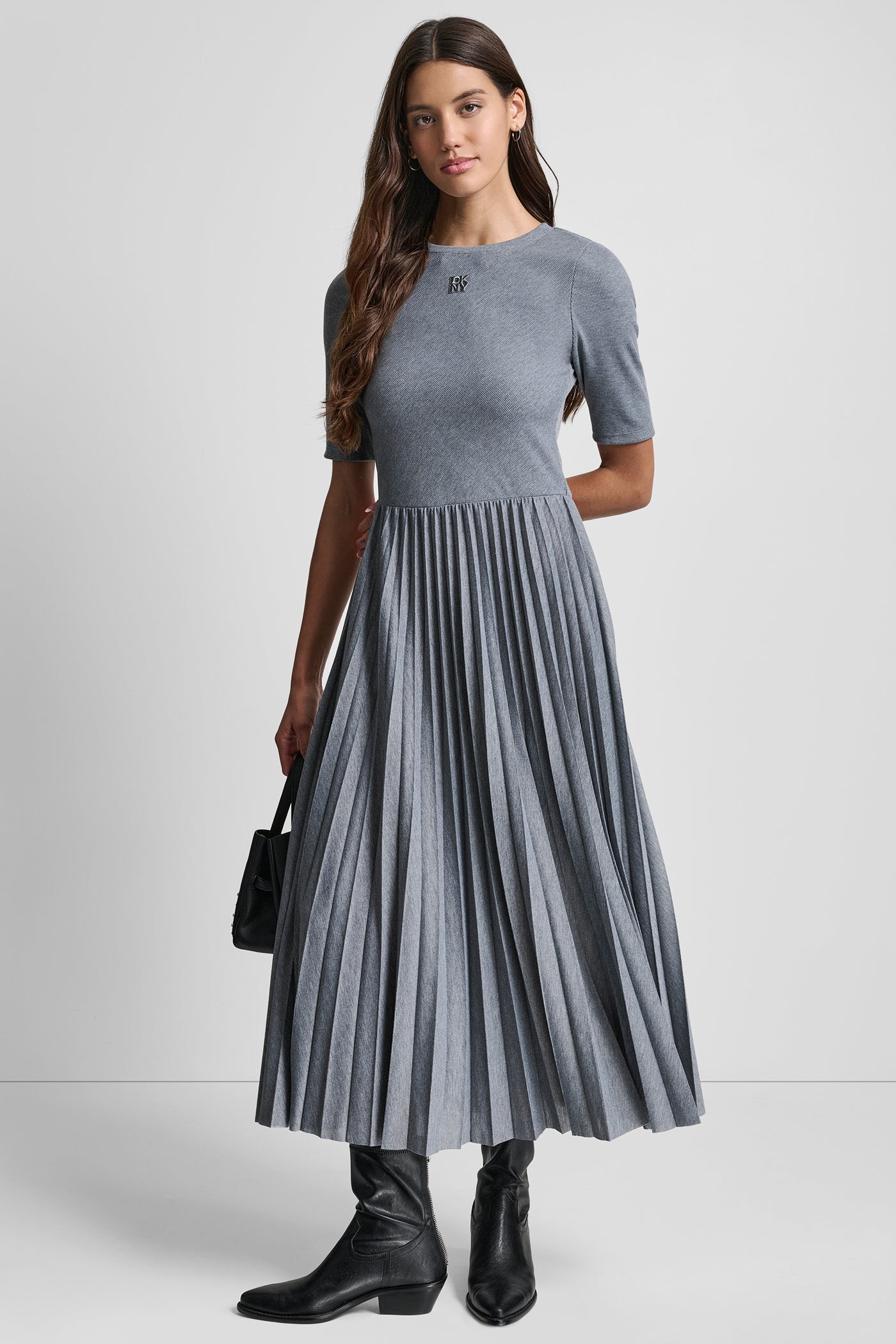 STORM GREY HEATHER BALLET SLEEVE PLEATED DRESS, VIEW 1 | New Arrivals