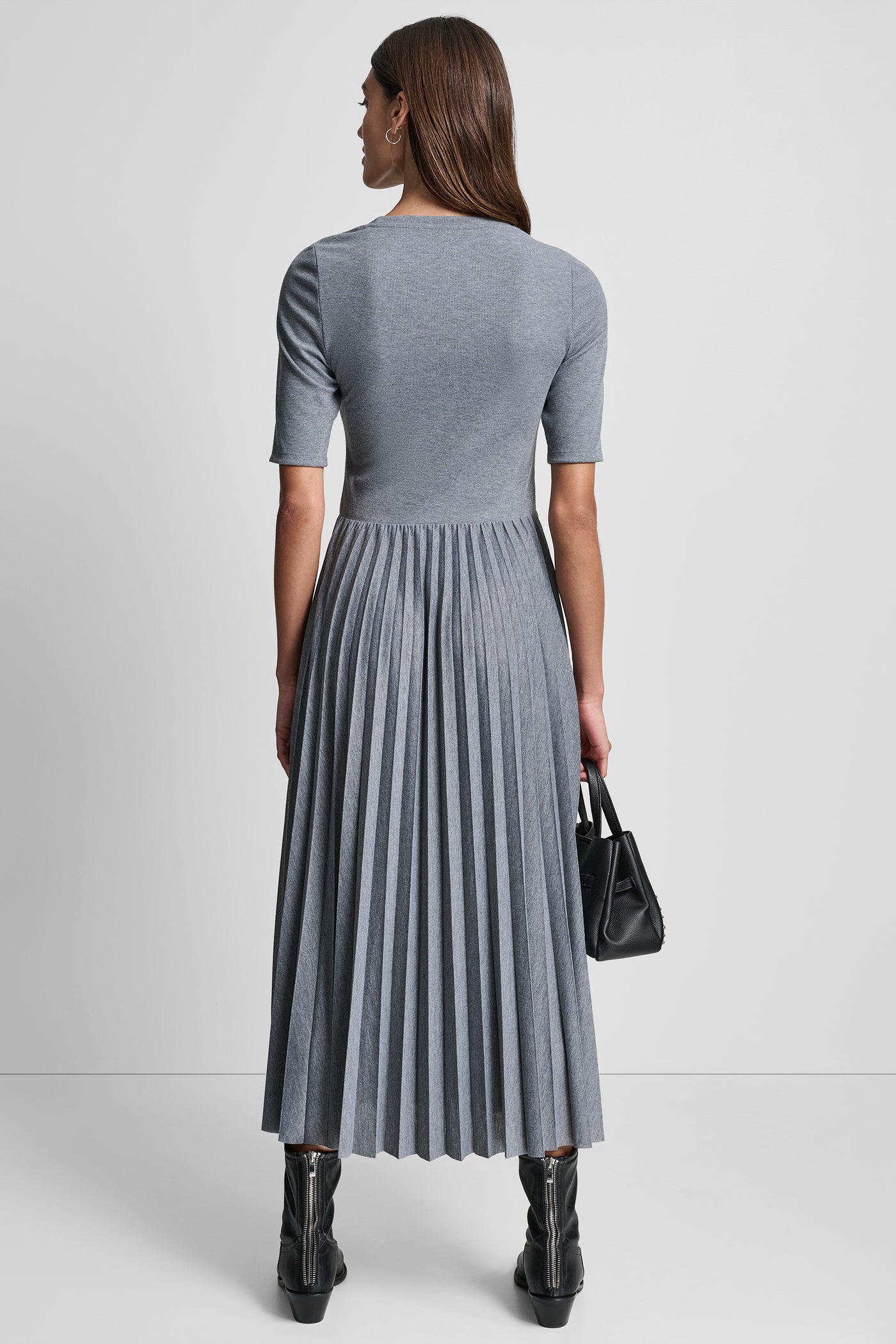 STORM GREY HEATHER BALLET SLEEVE PLEATED DRESS, VIEW 2 | New Arrivals