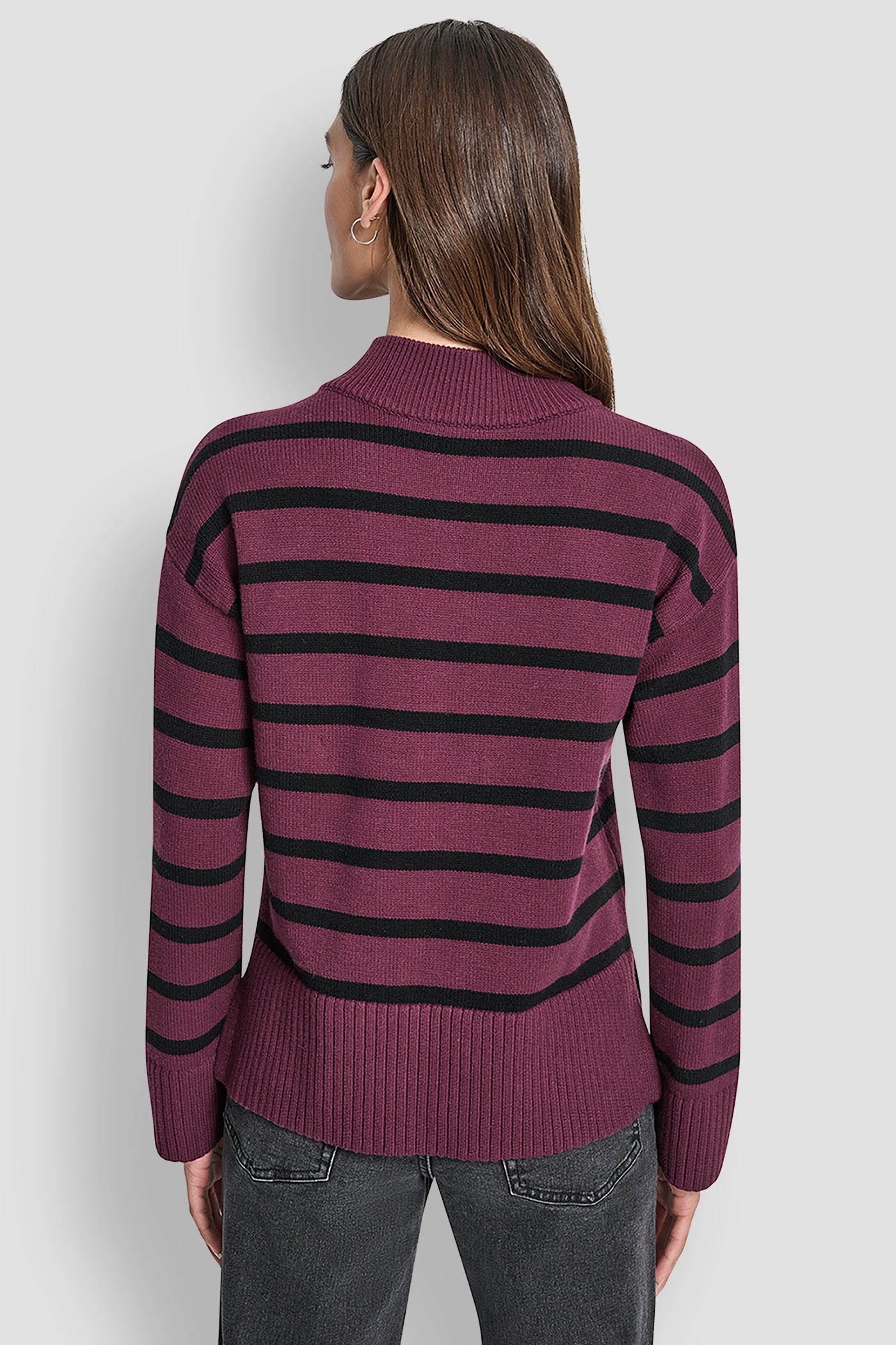 SYRAH/BLACK LONG SLEEVED 1/4 ZIP COLLAR STRIPED SWEATER, BACK VIEW | DKNY JEANS