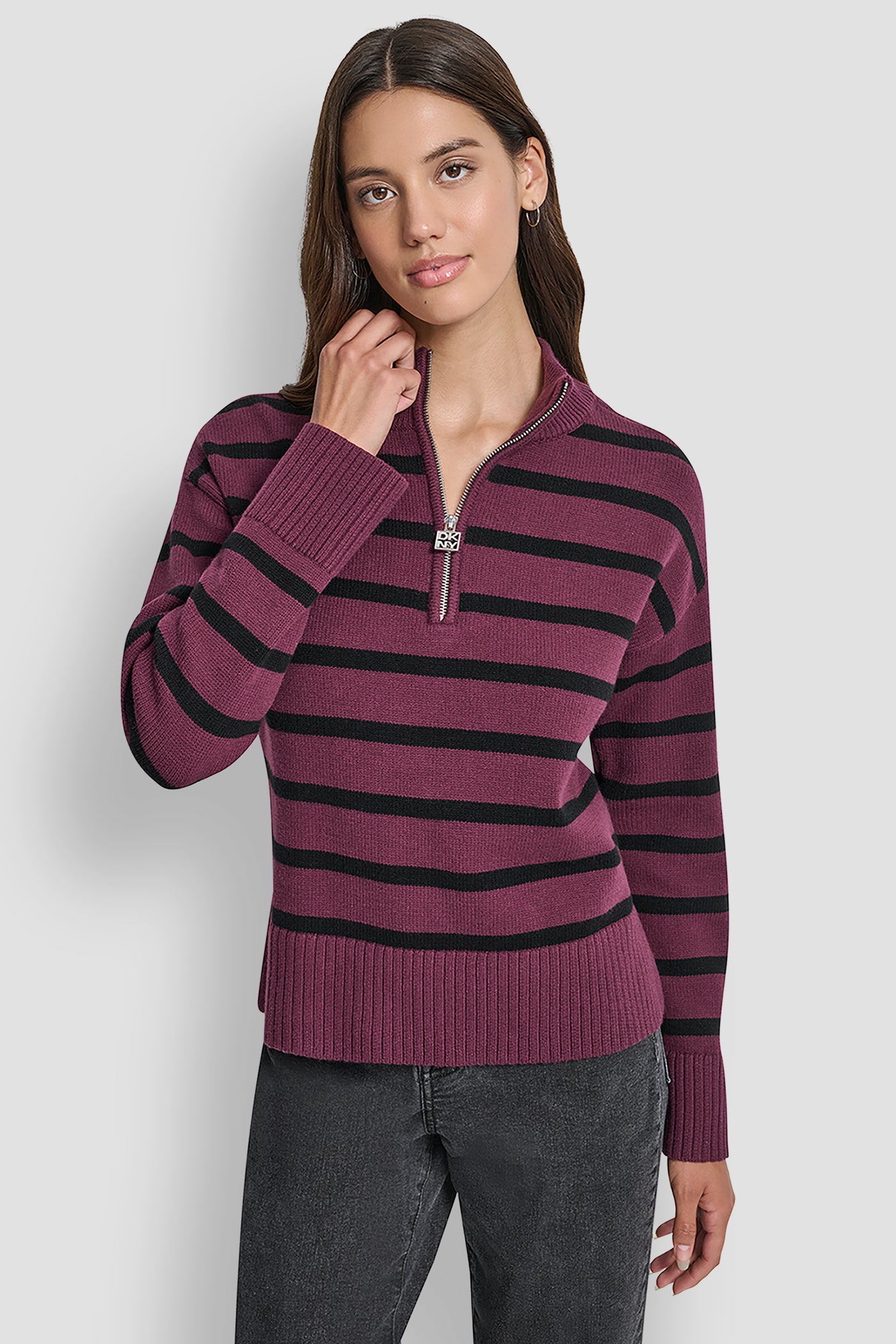 SYRAH/BLACK LONG SLEEVED 1/4 ZIP COLLAR STRIPED SWEATER, FRONT VIEW | DKNY JEANS