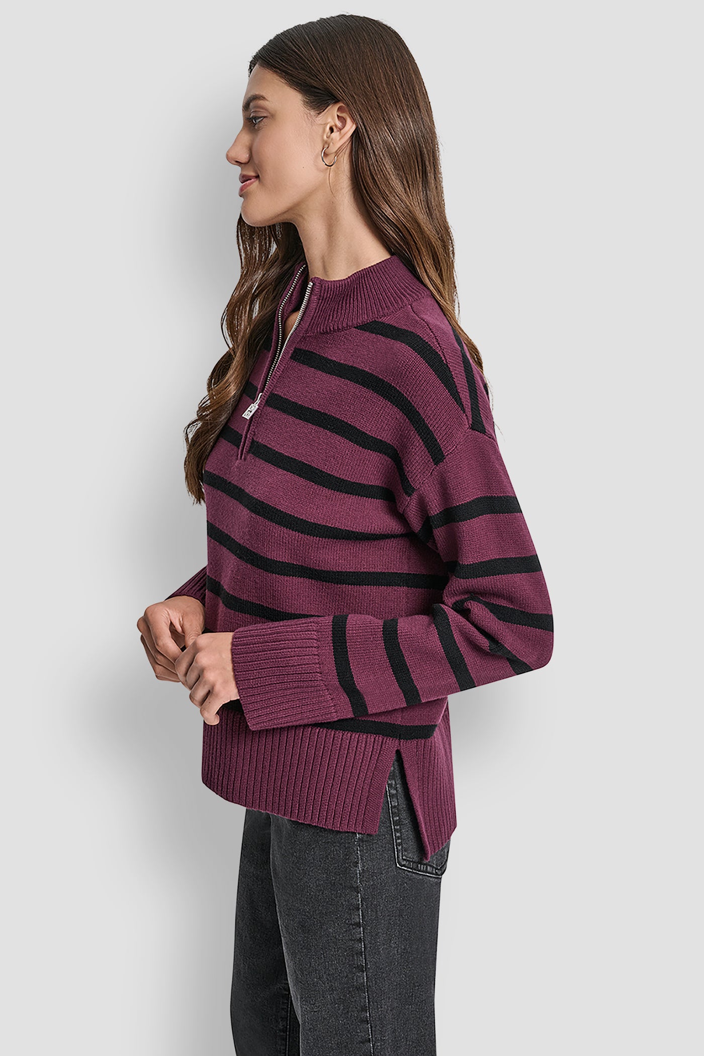 LONG SLEEVED 1/4 ZIP COLLAR STRIPED SWEATER VIEW 3 | DKNY JEANS