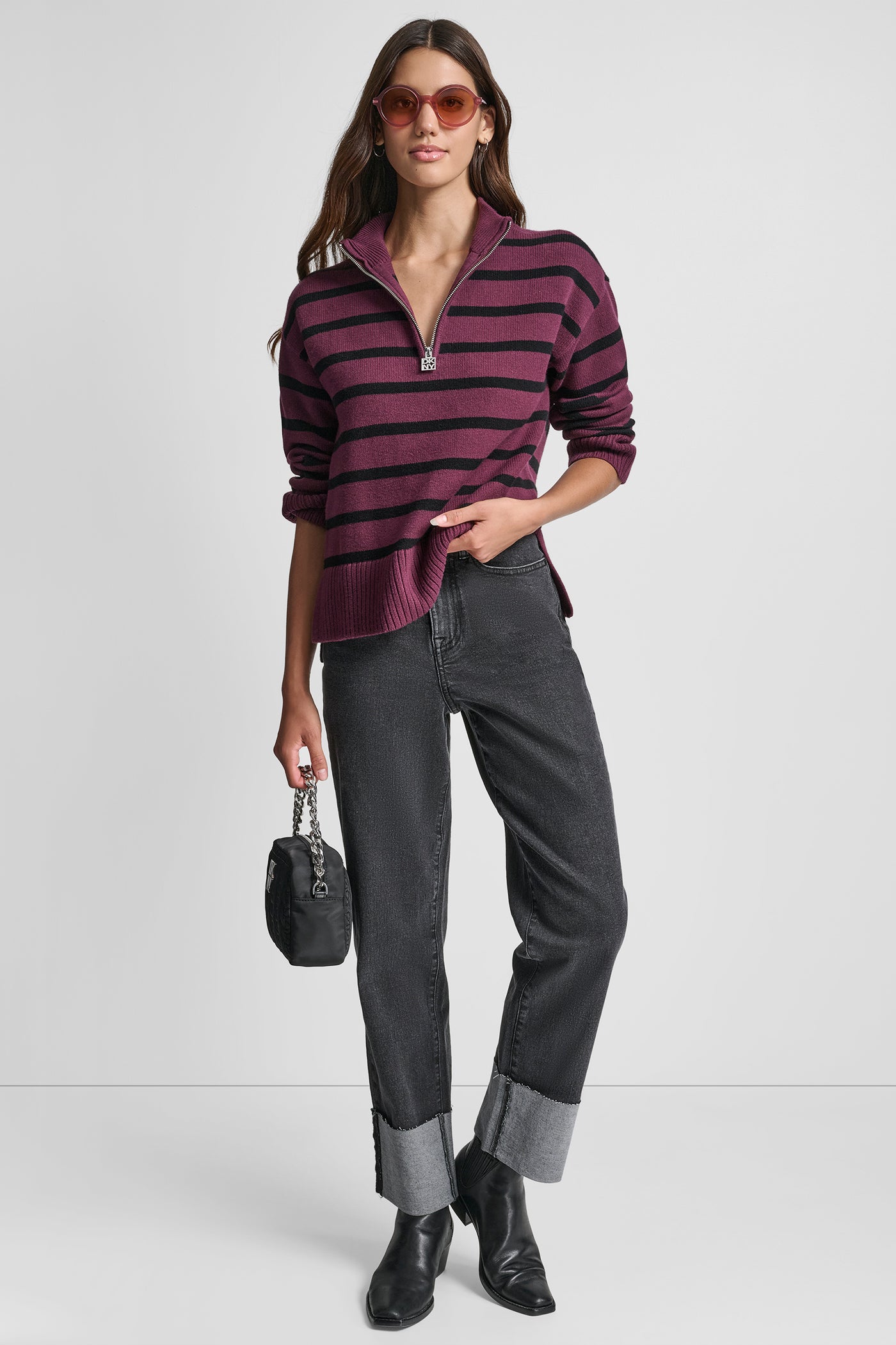 LONG SLEEVED 1/4 ZIP COLLAR STRIPED SWEATER VIEW 6 | DKNY JEANS
