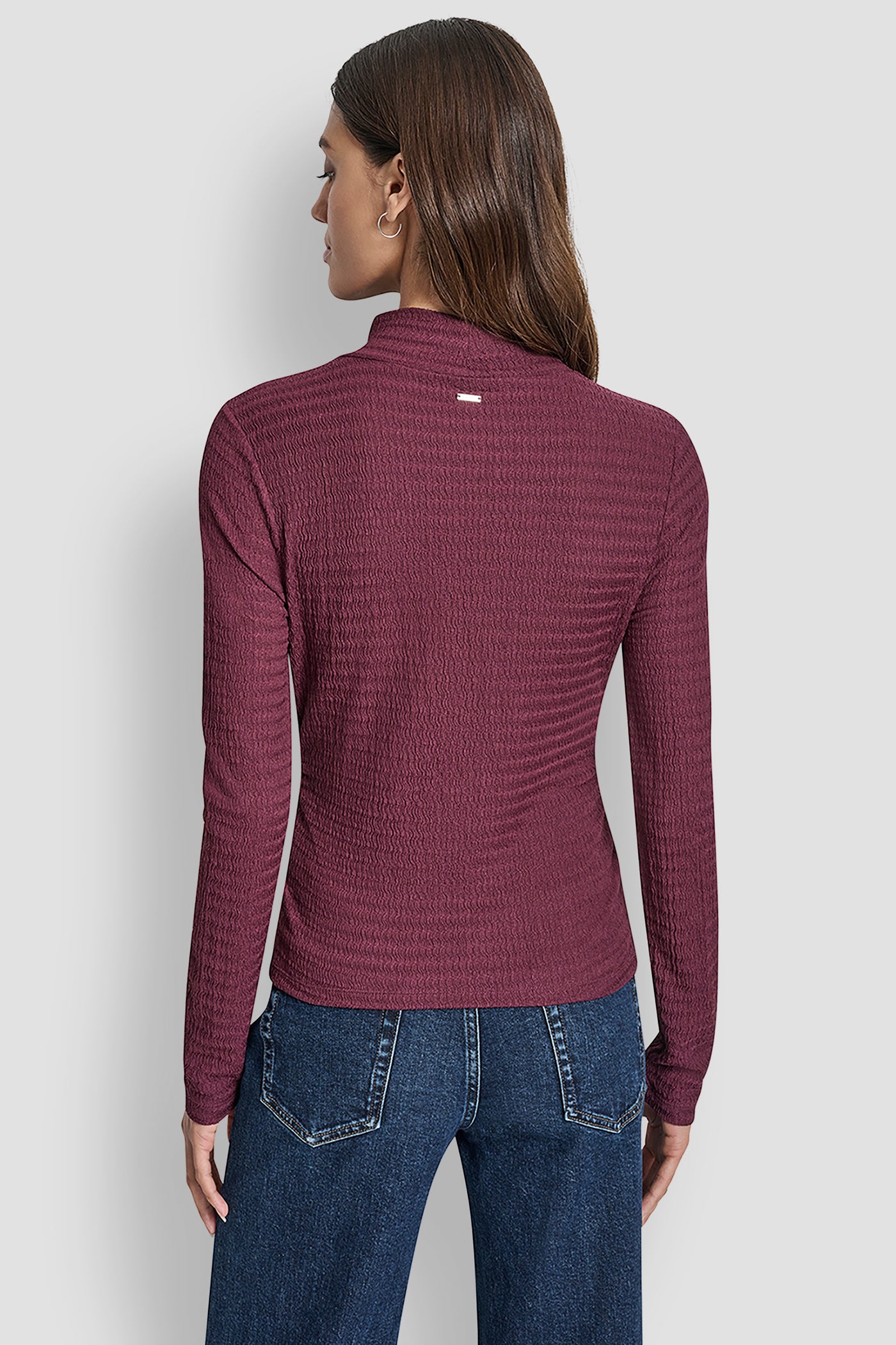 SYRAH RIPPLE LACE MOCK NECK RUCHED SIDE LONG SLEEVE TEE, BACK VIEW | Clothing
