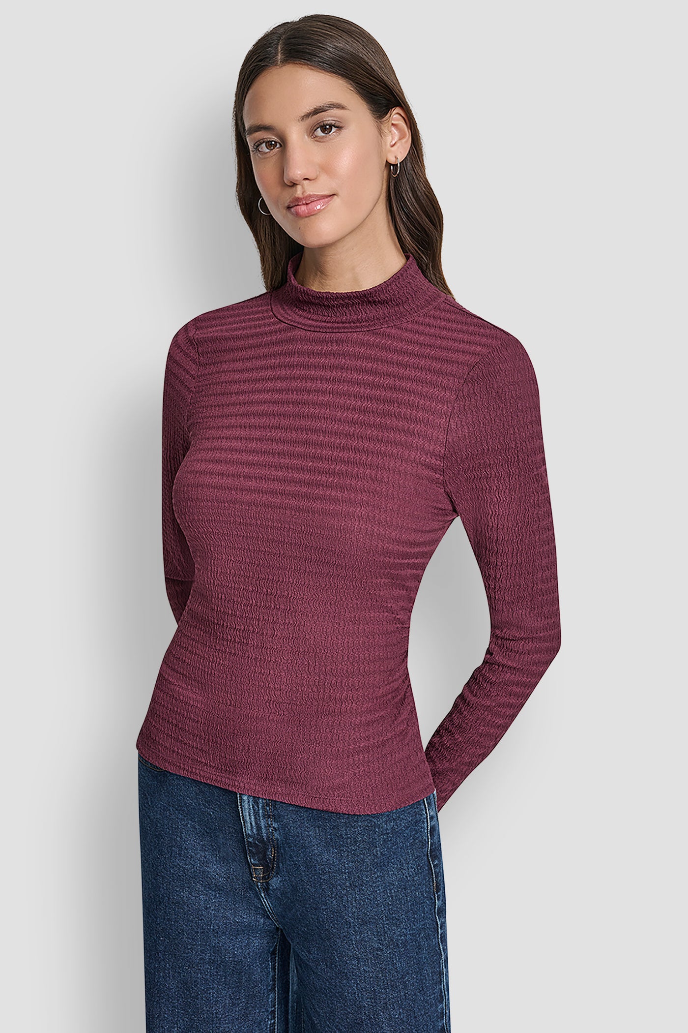 SYRAH RIPPLE LACE MOCK NECK RUCHED SIDE LONG SLEEVE TEE, FRONT VIEW | Clothing