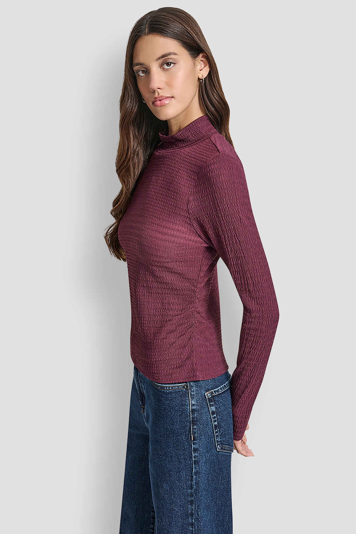 RIPPLE LACE MOCK NECK RUCHED SIDE LONG SLEEVE TEE VIEW 3 | Clothing