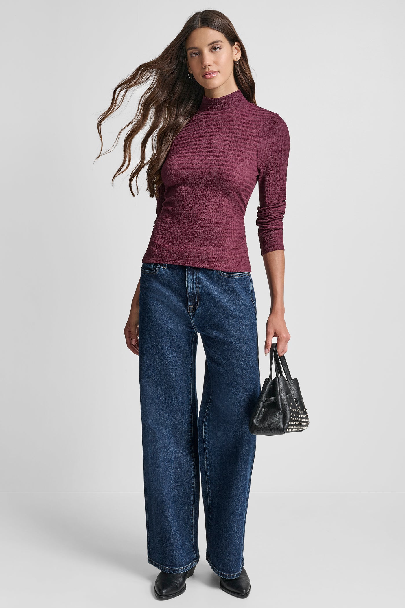 RIPPLE LACE MOCK NECK RUCHED SIDE LONG SLEEVE TEE VIEW 5 | Clothing