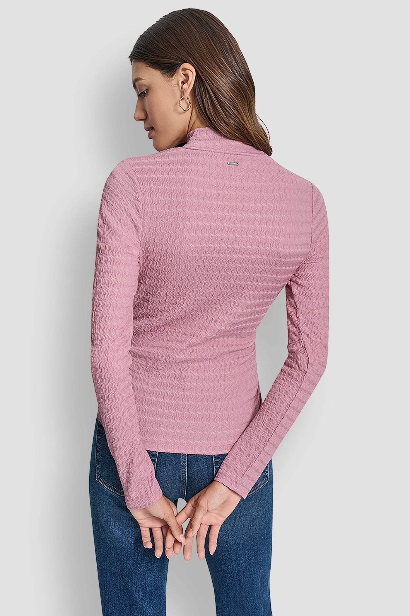 DUSTY MAUVE RIPPLE LACE MOCK NECK RUCHED SIDE LONG SLEEVE TEE, BACK VIEW | Clothing