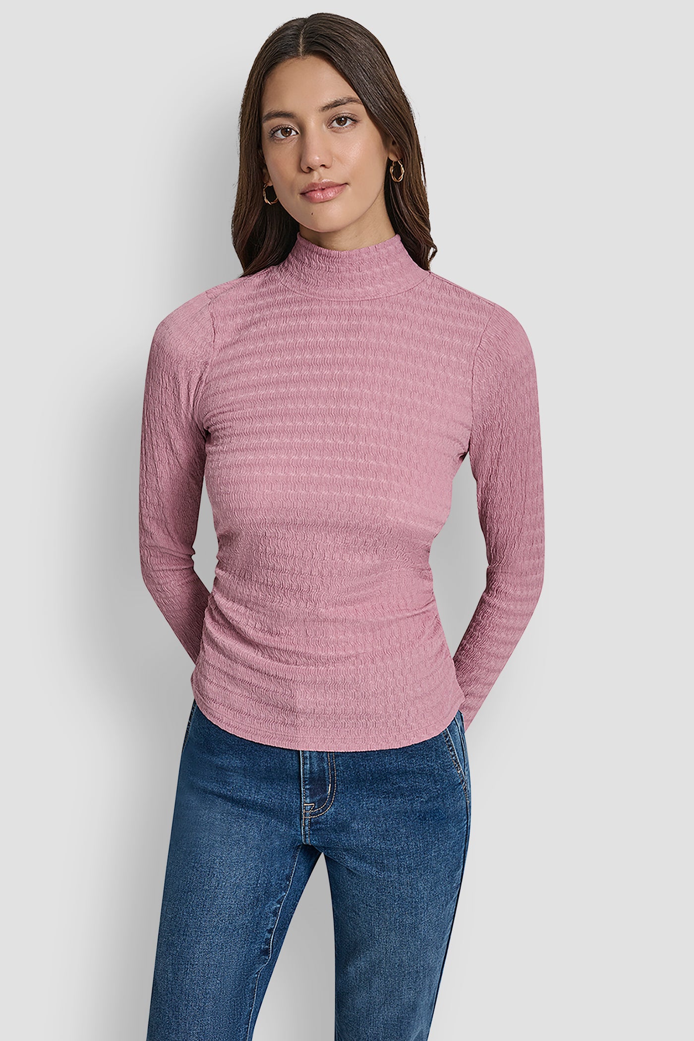 DUSTY MAUVE RIPPLE LACE MOCK NECK RUCHED SIDE LONG SLEEVE TEE, FRONT VIEW | Clothing
