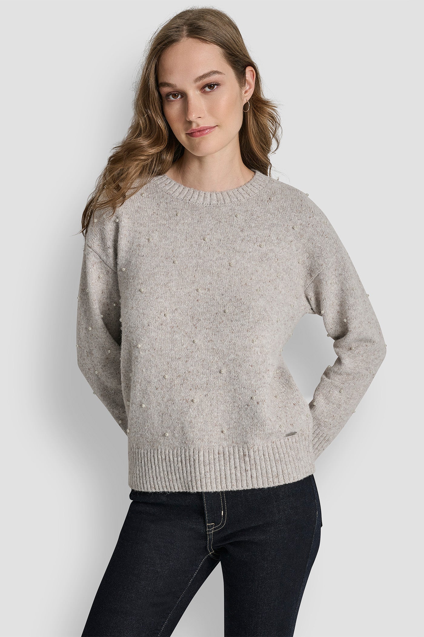 CORTADO HEATHER LONG SLEEVE RELAXED CREWNECK ALLOVER PEARL SWEATER, FRONT VIEW | WOMEN'S SWEATERS & TOPS