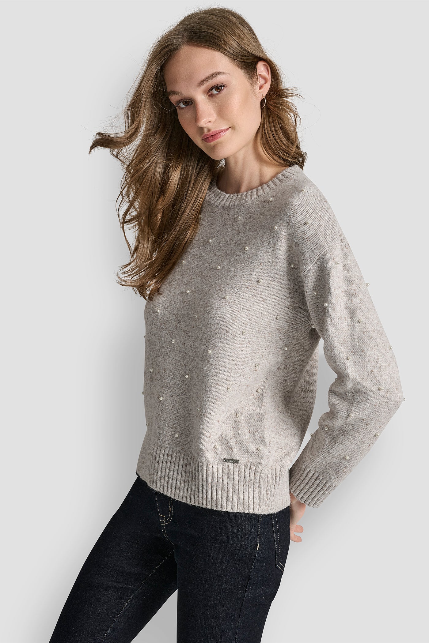 LONG SLEEVE RELAXED CREWNECK ALLOVER PEARL SWEATER VIEW 4 | WOMEN'S SWEATERS & TOPS