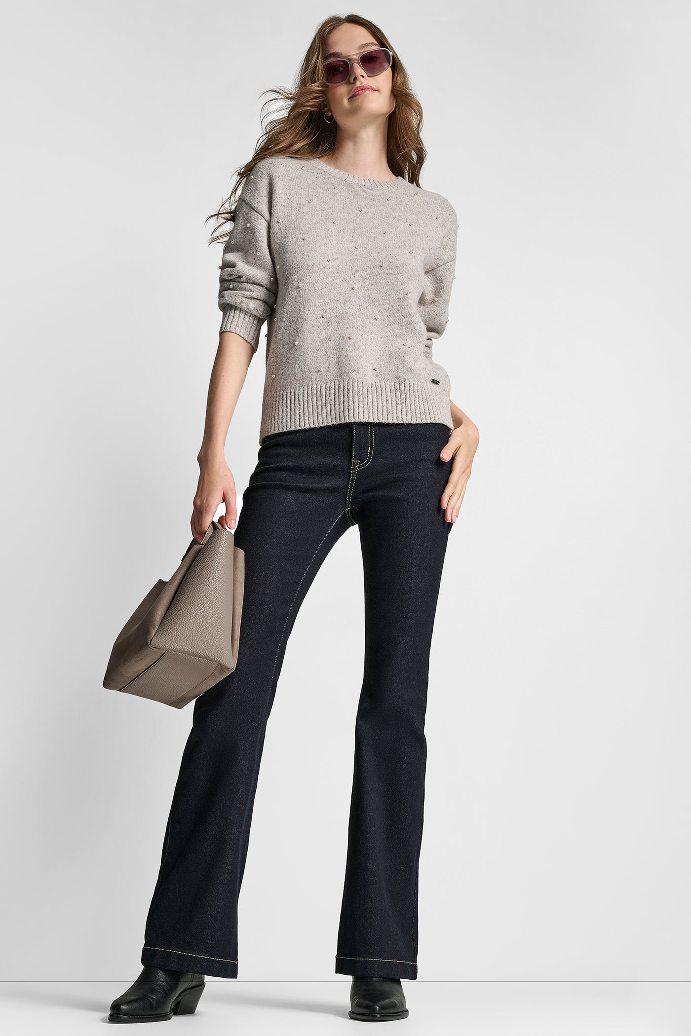 LONG SLEEVE RELAXED CREWNECK ALLOVER PEARL SWEATER VIEW 3 | WOMEN'S SWEATERS & TOPS