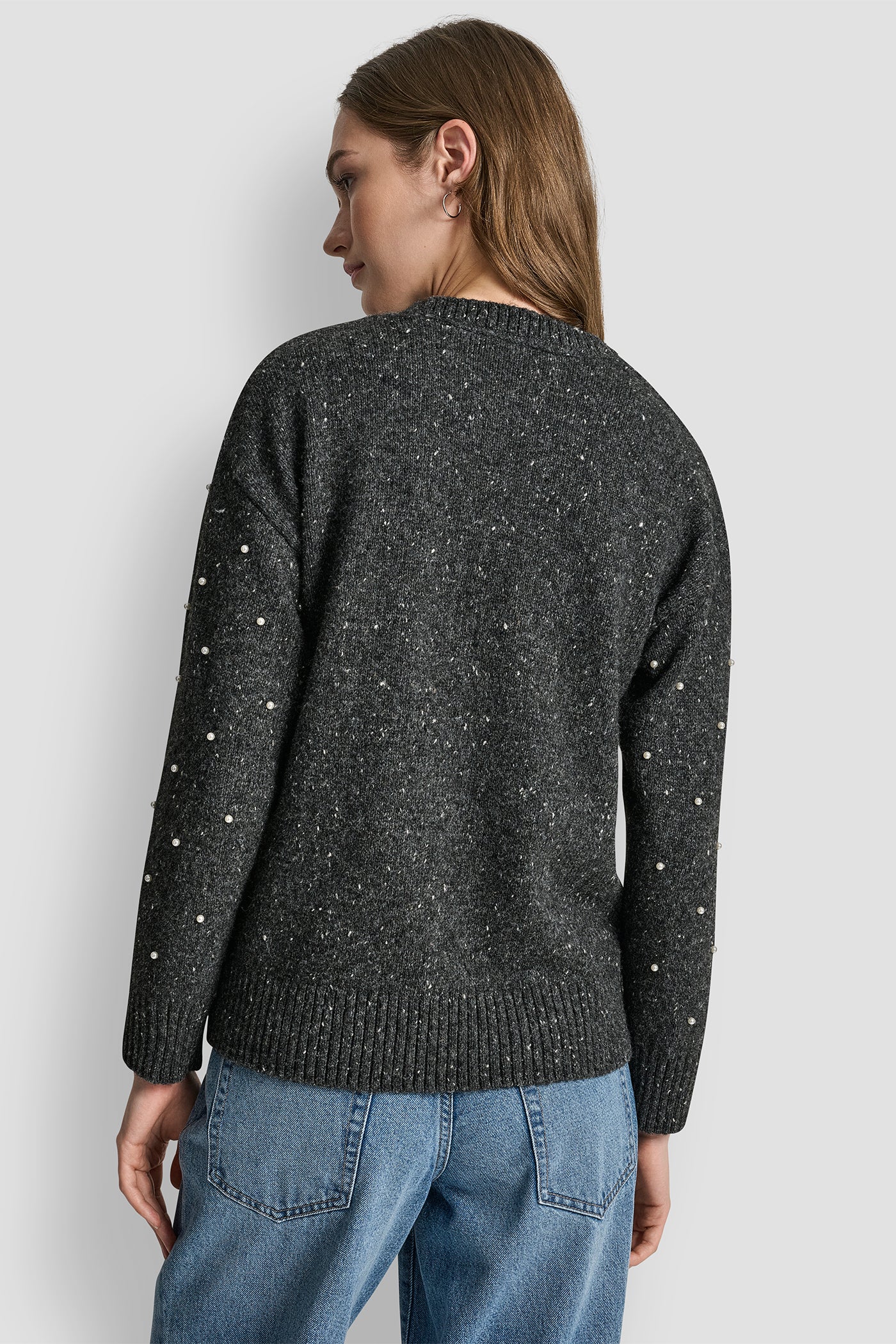 STORM GREY HEATHER LONG SLEEVE RELAXED CREWNECK ALLOVER PEARL SWEATER, BACK VIEW | WOMEN'S SWEATERS & TOPS