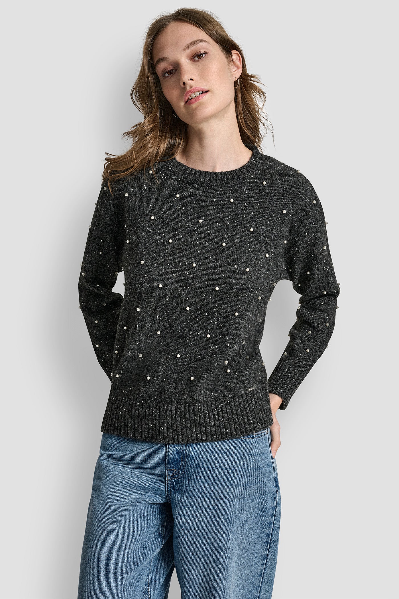 STORM GREY HEATHER LONG SLEEVE RELAXED CREWNECK ALLOVER PEARL SWEATER, FRONT VIEW | WOMEN'S SWEATERS & TOPS