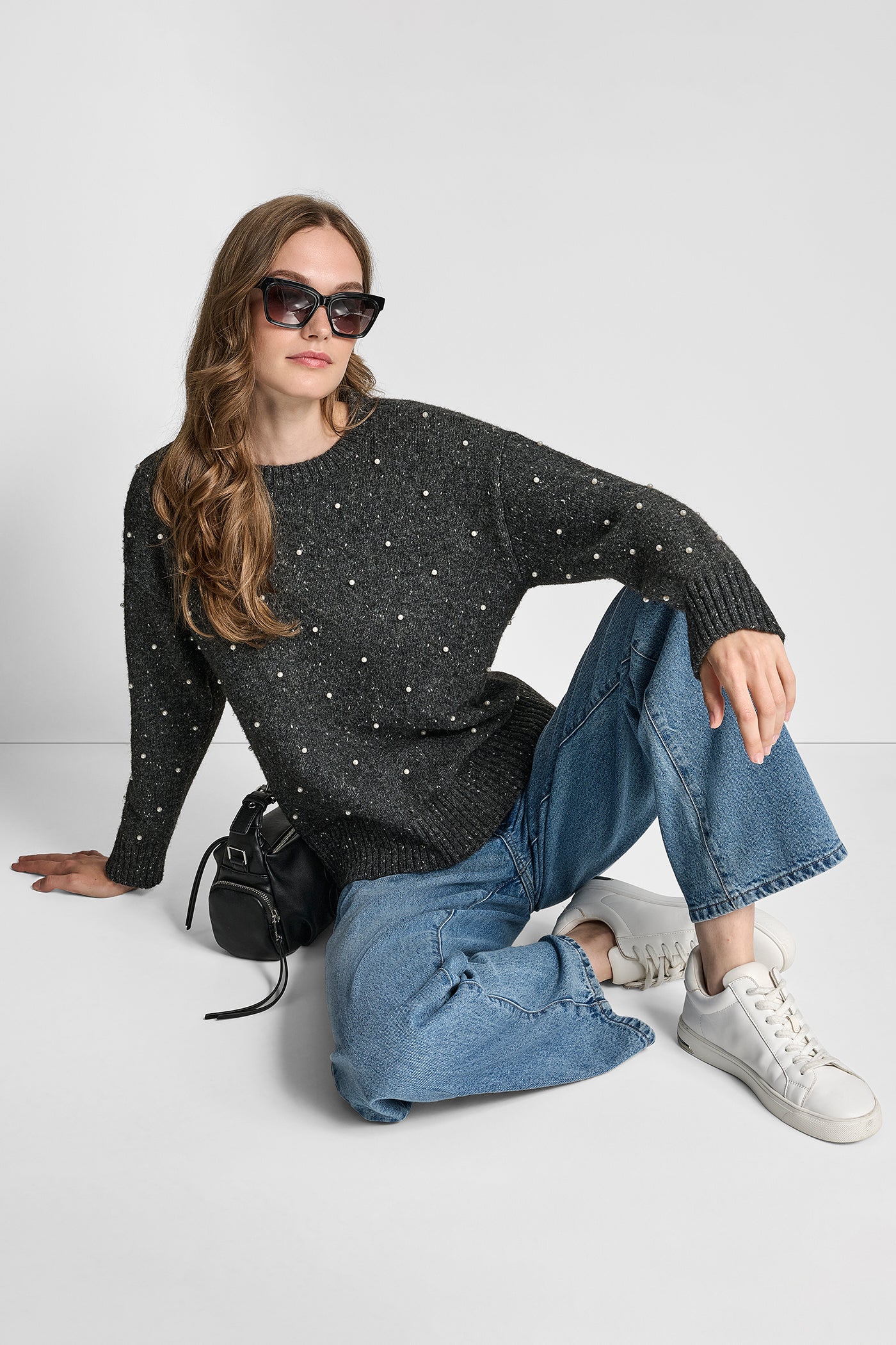 LONG SLEEVE RELAXED CREWNECK ALLOVER PEARL SWEATER VIEW 6 | WOMEN'S SWEATERS & TOPS