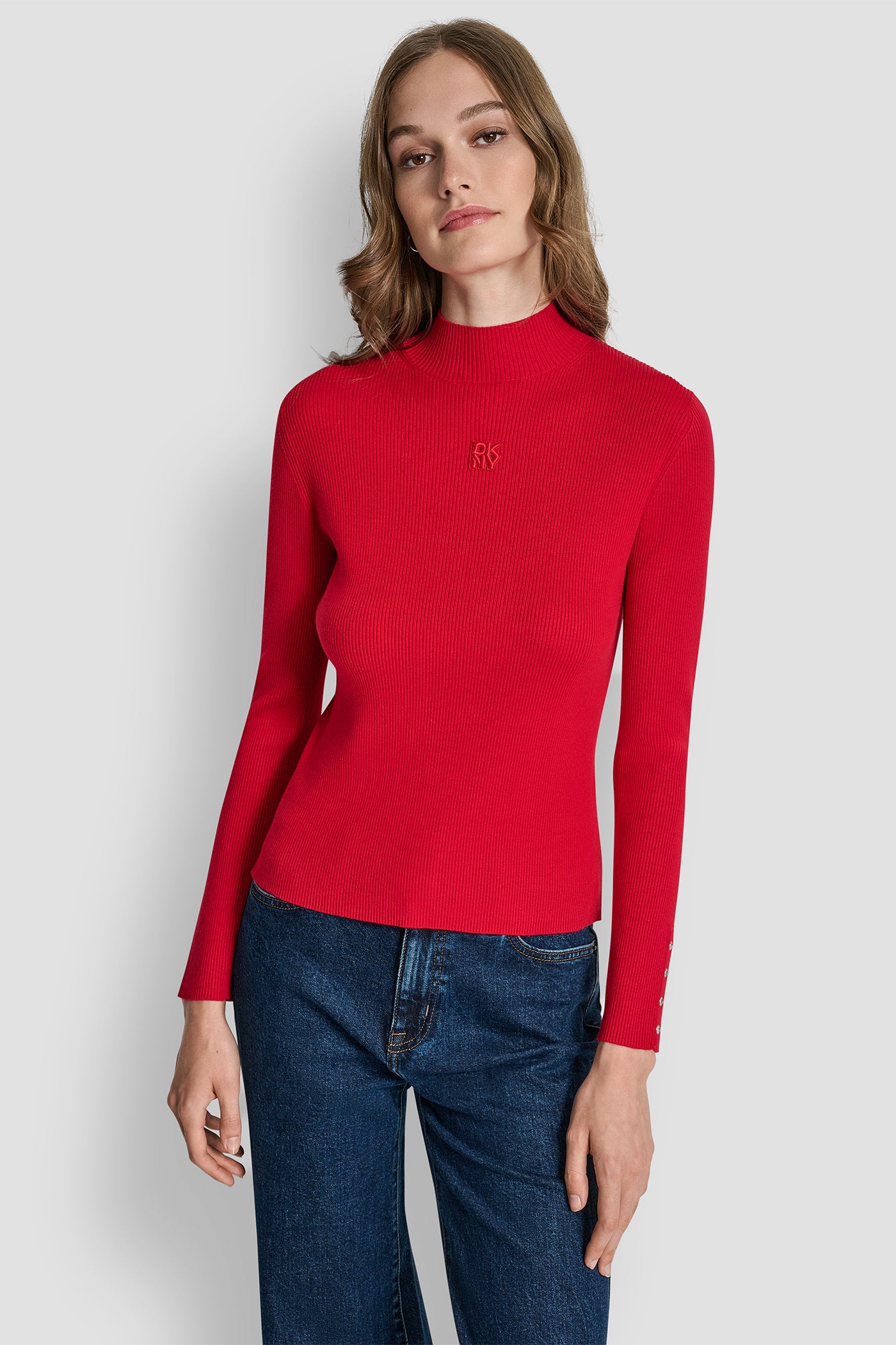 CITY CRIMSON RIB LONG SLEEVE MOCK NECK WITH RHINESTONES AT CUFF, FRONT VIEW | New clothing