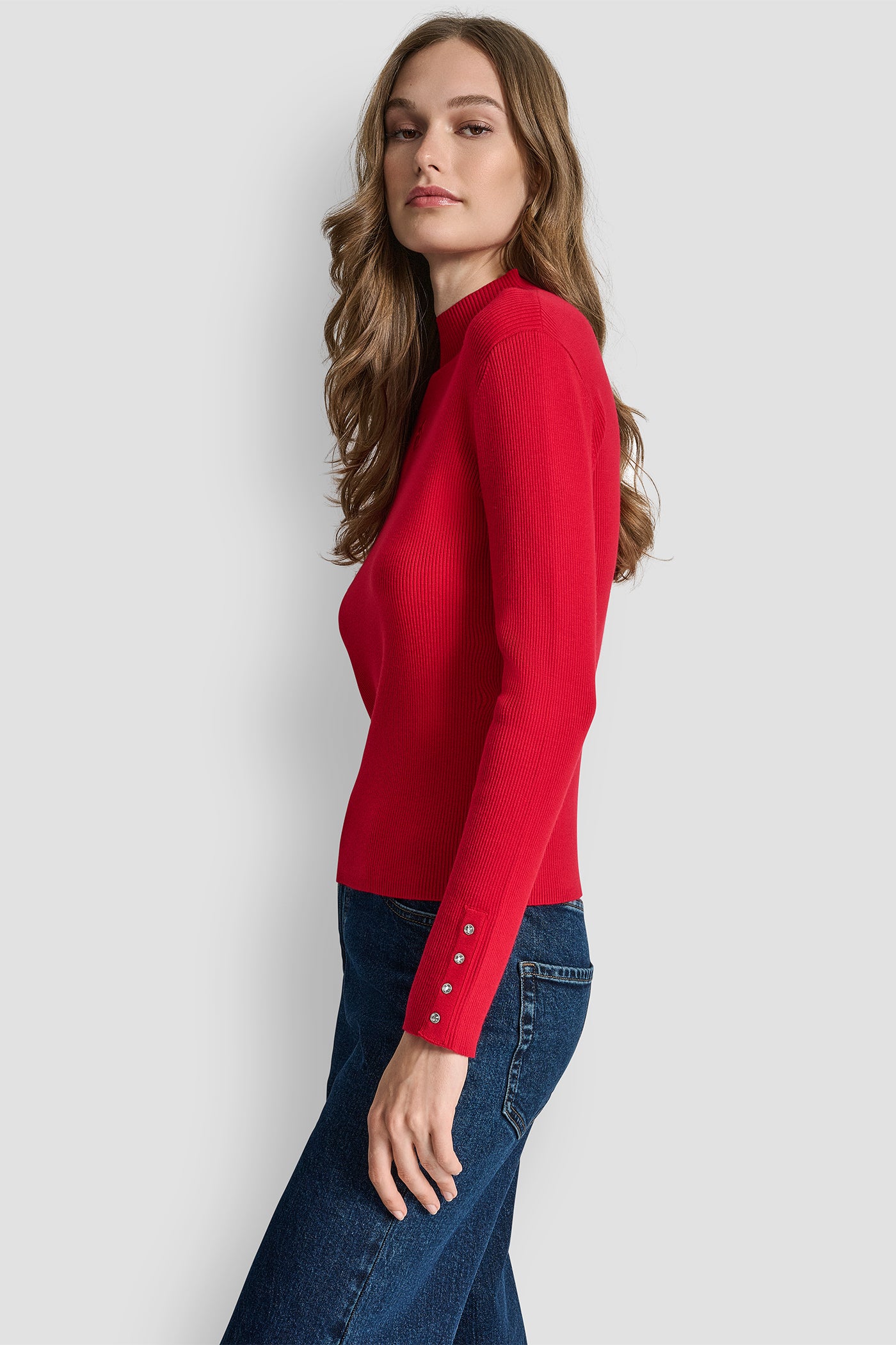CITY CRIMSON RIB LONG SLEEVE MOCK NECK WITH RHINESTONES AT CUFF, BACK VIEW | New clothing