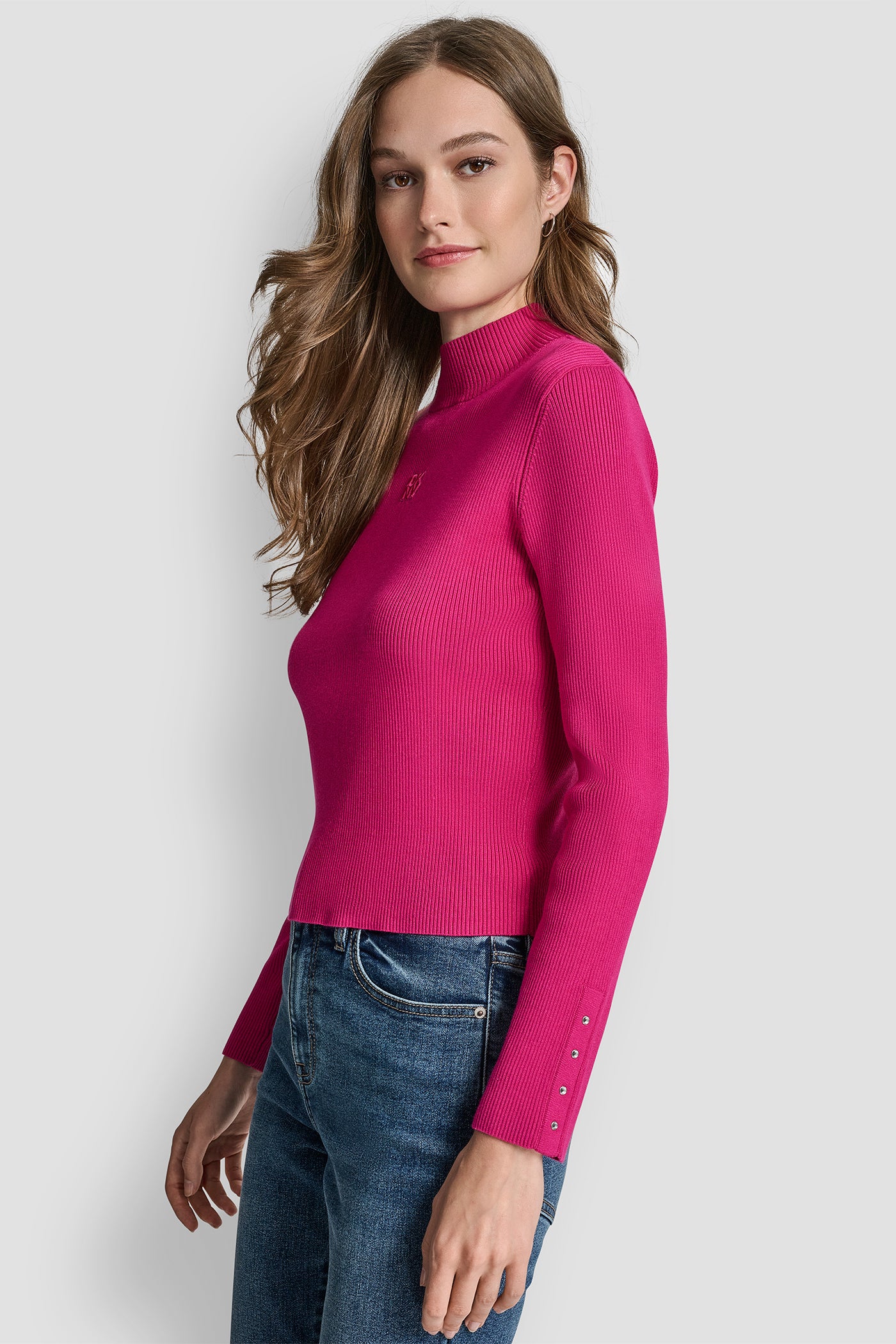 FESTIVE PINK RIB LONG SLEEVE MOCK NECK WITH RHINESTONES AT CUFF, VIEW 1 | WOMEN'S SWEATERS & TOPS