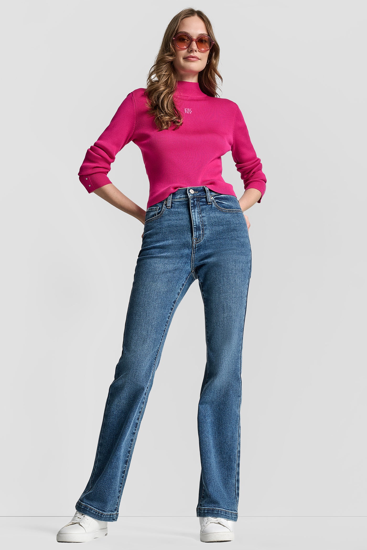 FESTIVE PINK RIB LONG SLEEVE MOCK NECK WITH RHINESTONES AT CUFF, VIEW 2 | WOMEN'S SWEATERS & TOPS