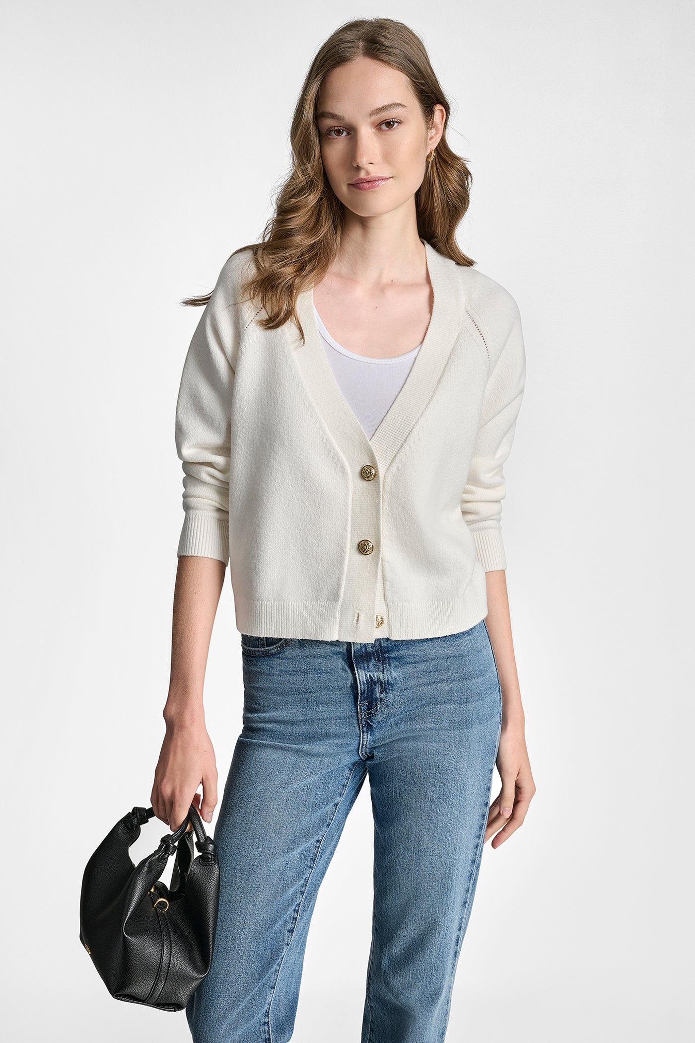 EGGNOG V-NECK RAGLAN CARDIGAN WITH REGAL BUTTONS, VIEW 1 | New clothing