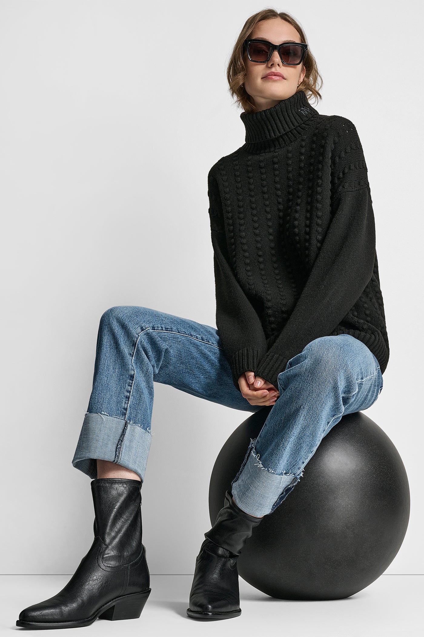 Black TURTLE NECK BOBBLE STICH SWEATER, VIEW 1 | All Products