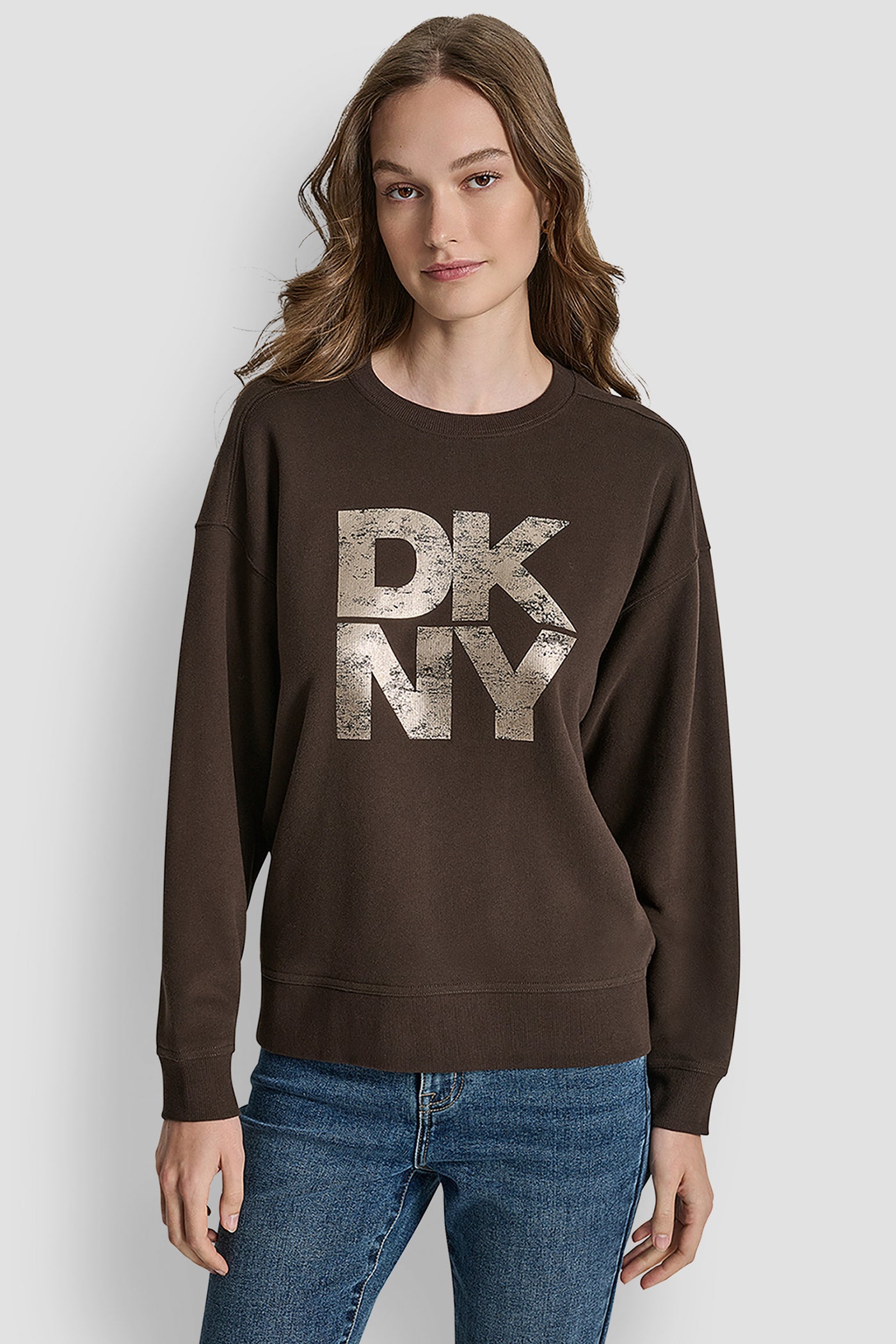 ESPRESSO/ROSE GOLD DISTRESSED DKNY STACKED FOIL LOGO CREW NECK SWEATSHIRT, FRONT VIEW | DKNY Promo