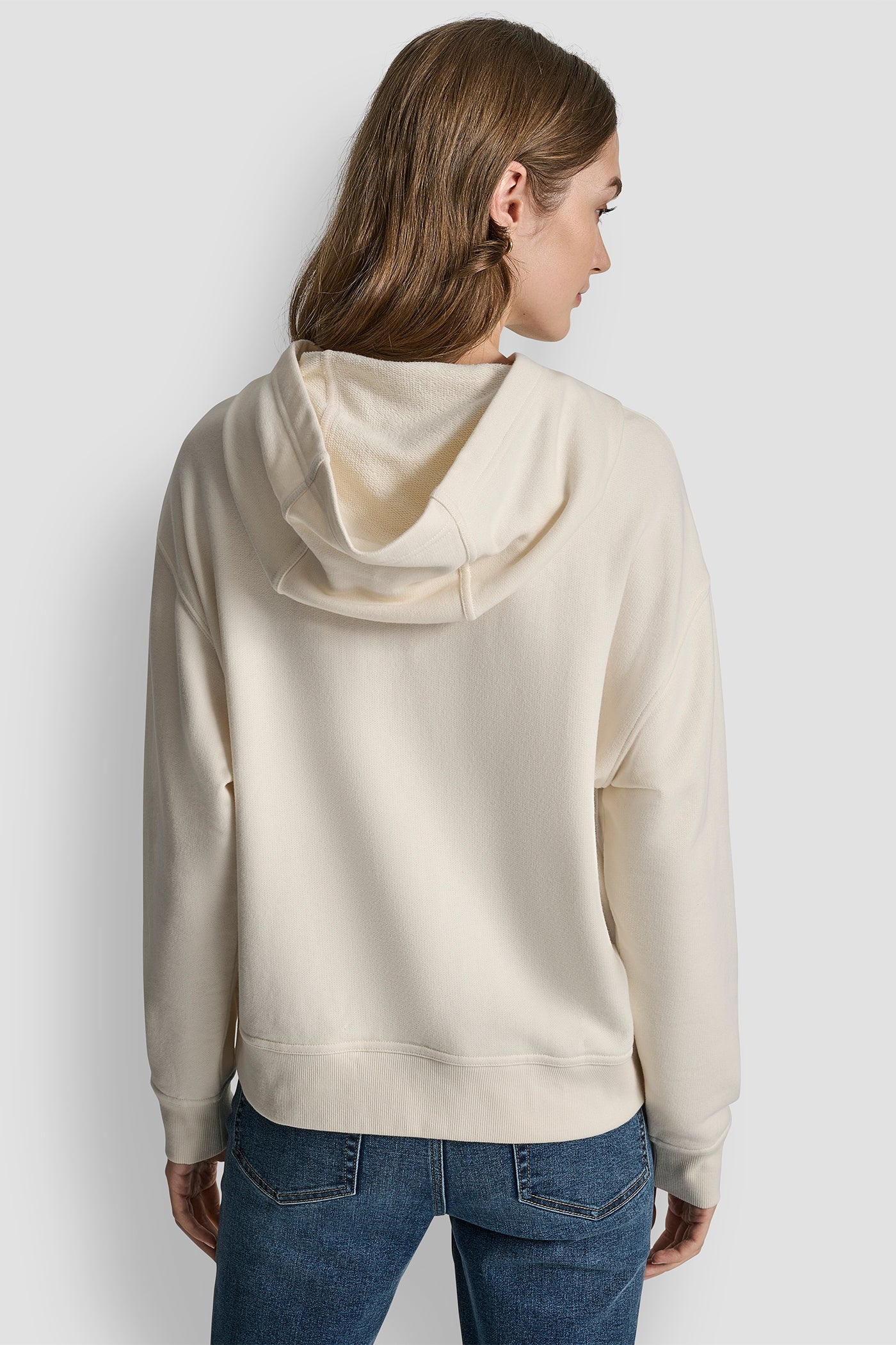 EGGNOG/CHAMPAGNE DKNY JEANS SATIN APPLIQUE CHAINSTITCH LOGO SWEATSHIRT, BACK VIEW | Clothing