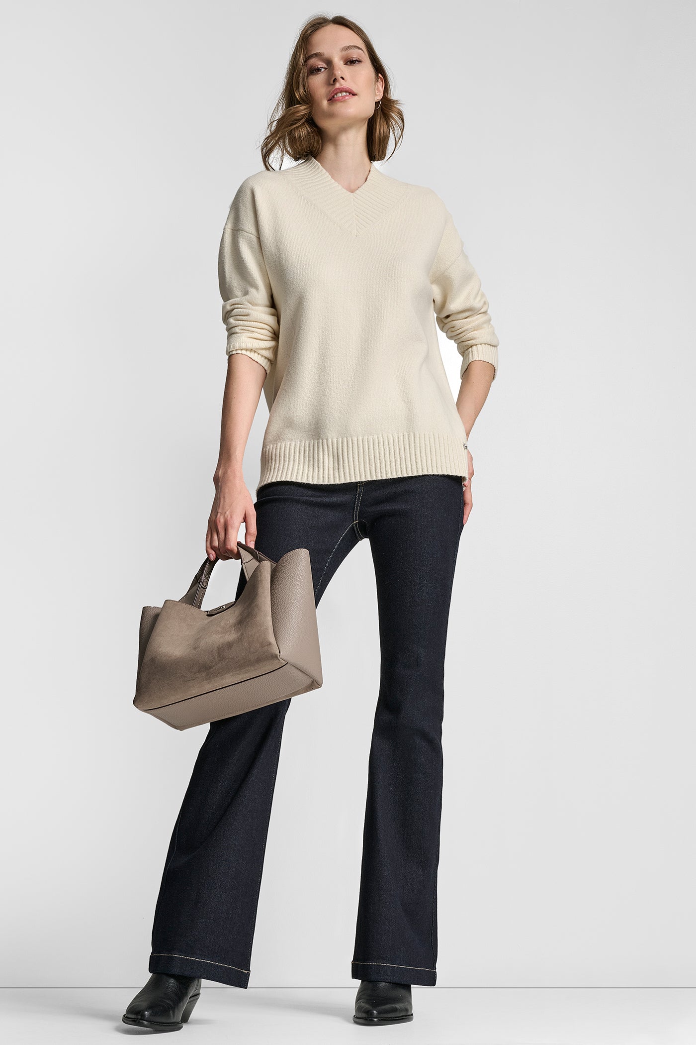 EGGNOG RELAXED LONG SLEEVE HIGH V-NECK SWEATER, BACK VIEW | WOMEN'S SWEATERS & TOPS