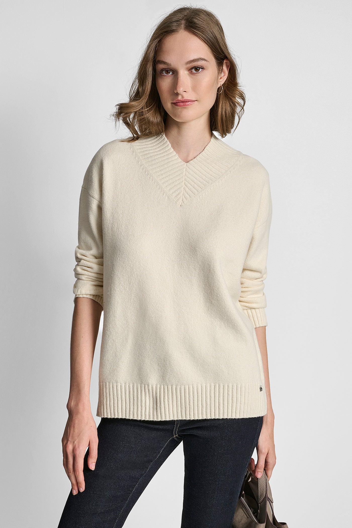 EGGNOG RELAXED LONG SLEEVE HIGH V-NECK SWEATER, FRONT VIEW | WOMEN'S SWEATERS & TOPS