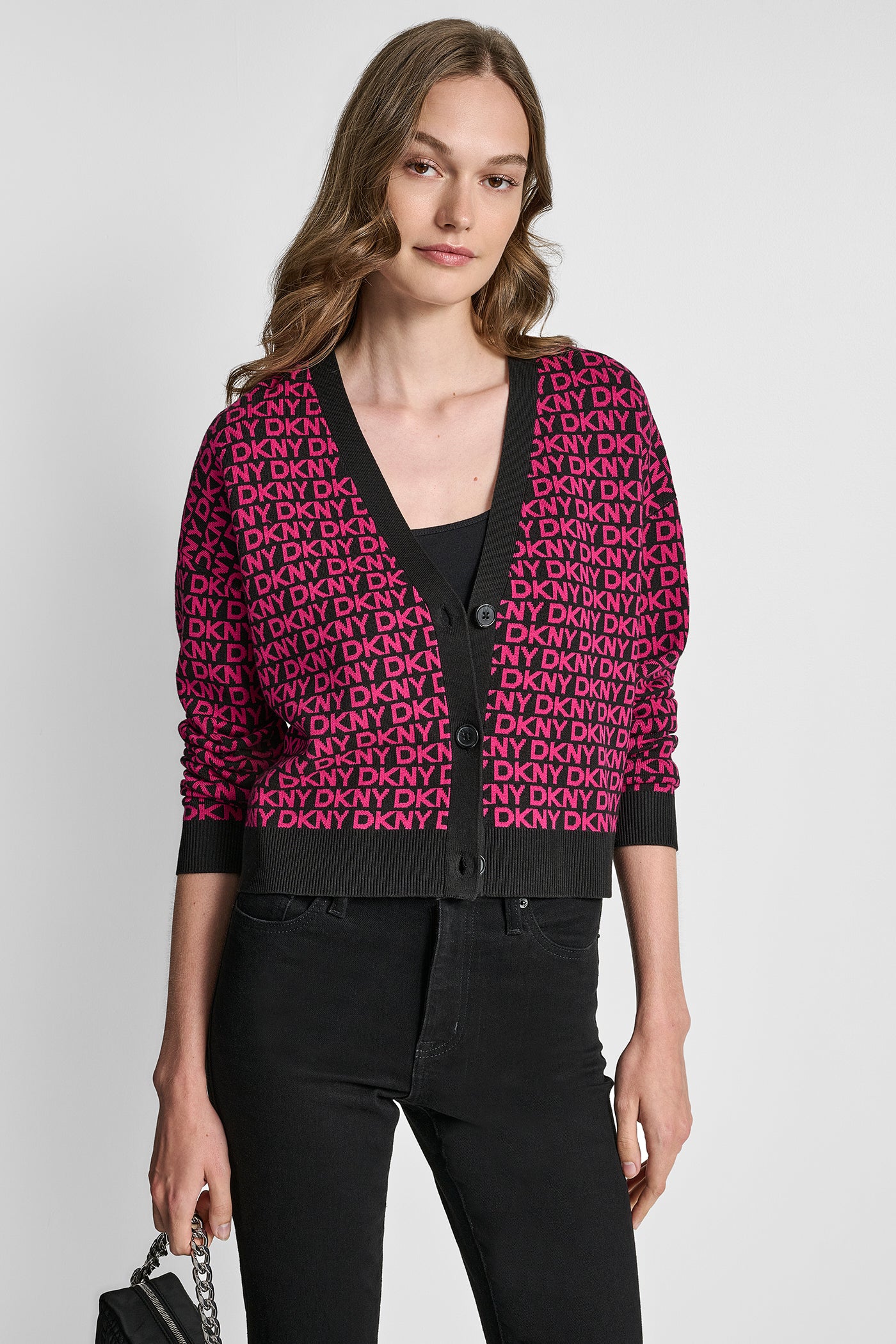 BLACK/FESTIVE PINK LOGO JACQUARD LONG SLEEVE V-NECK CARDIGAN, VIEW 1 | Products
