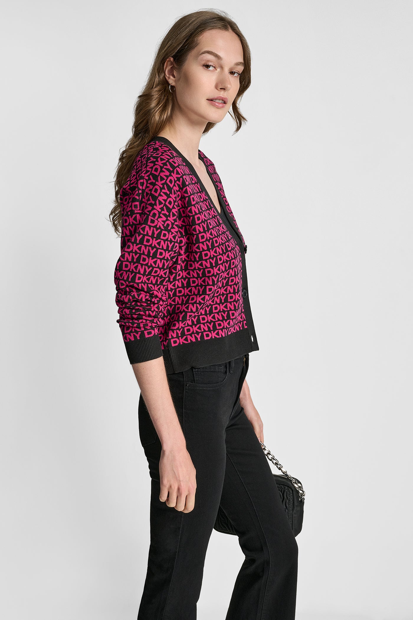 LOGO JACQUARD LONG SLEEVE V-NECK CARDIGAN VIEW 3