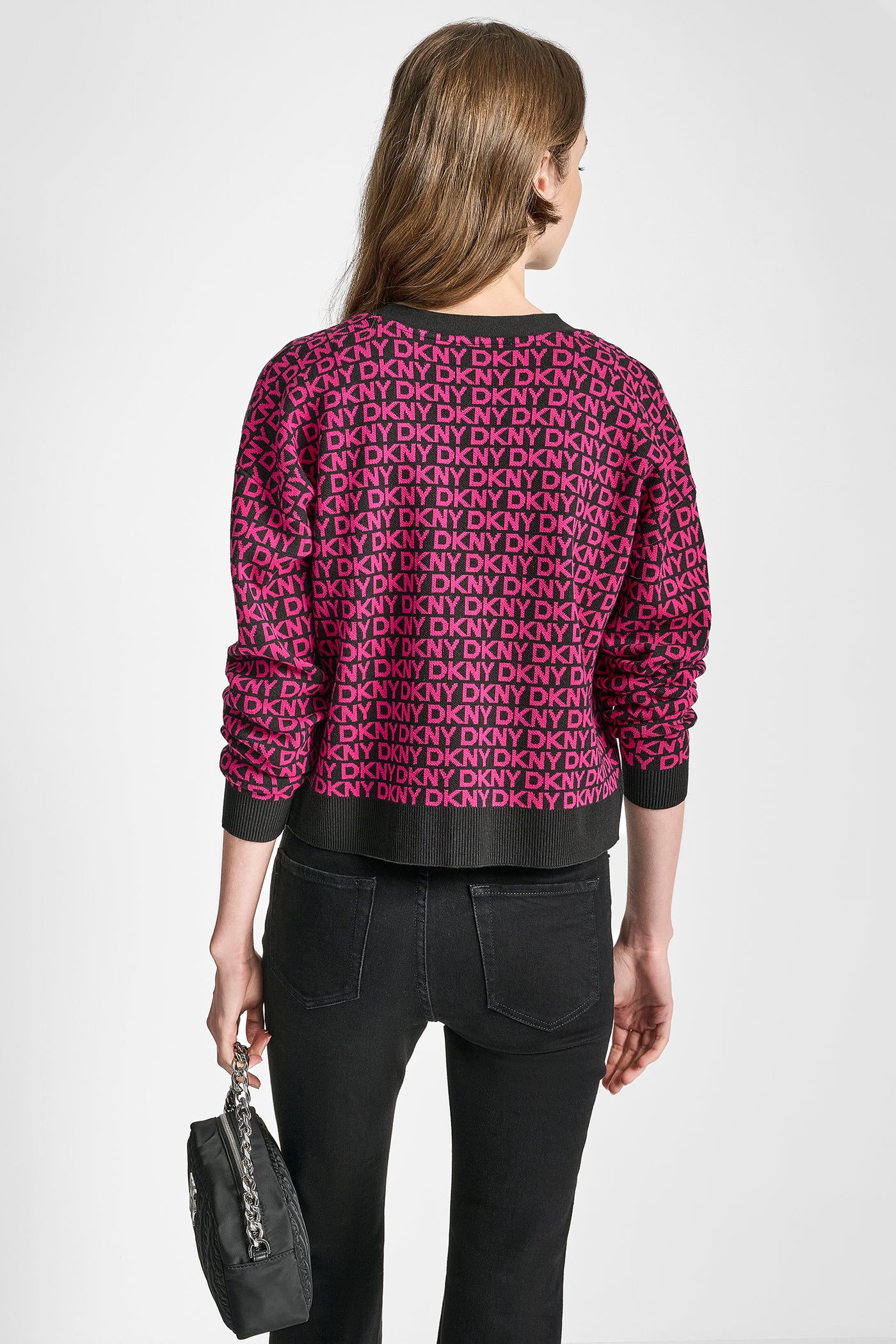 BLACK/FESTIVE PINK LOGO JACQUARD LONG SLEEVE V-NECK CARDIGAN, VIEW 2 | Products