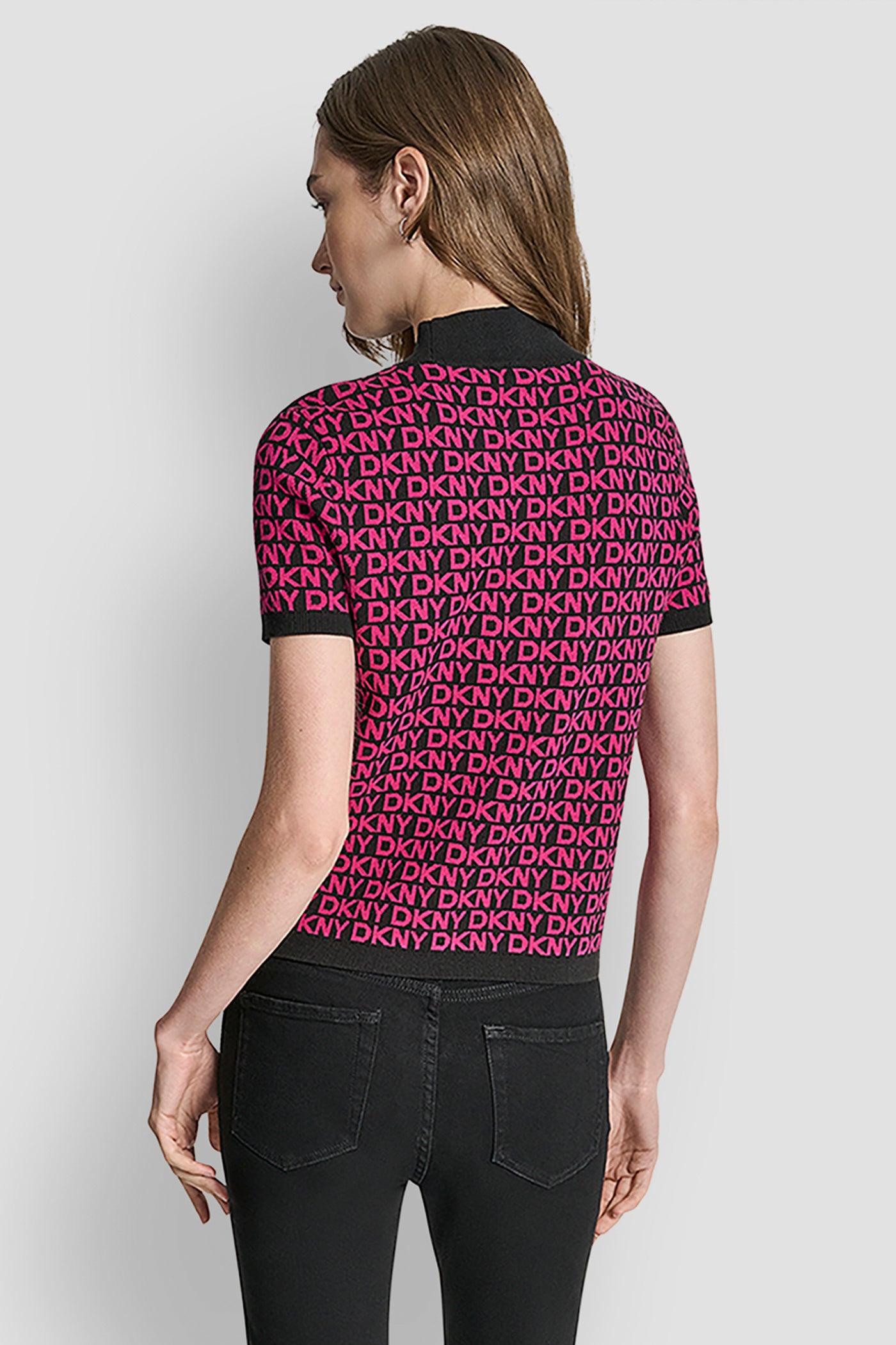 Black/Festive Pink LOGO JACQUARD TOP, BACK VIEW | WOMEN'S SWEATERS & TOPS