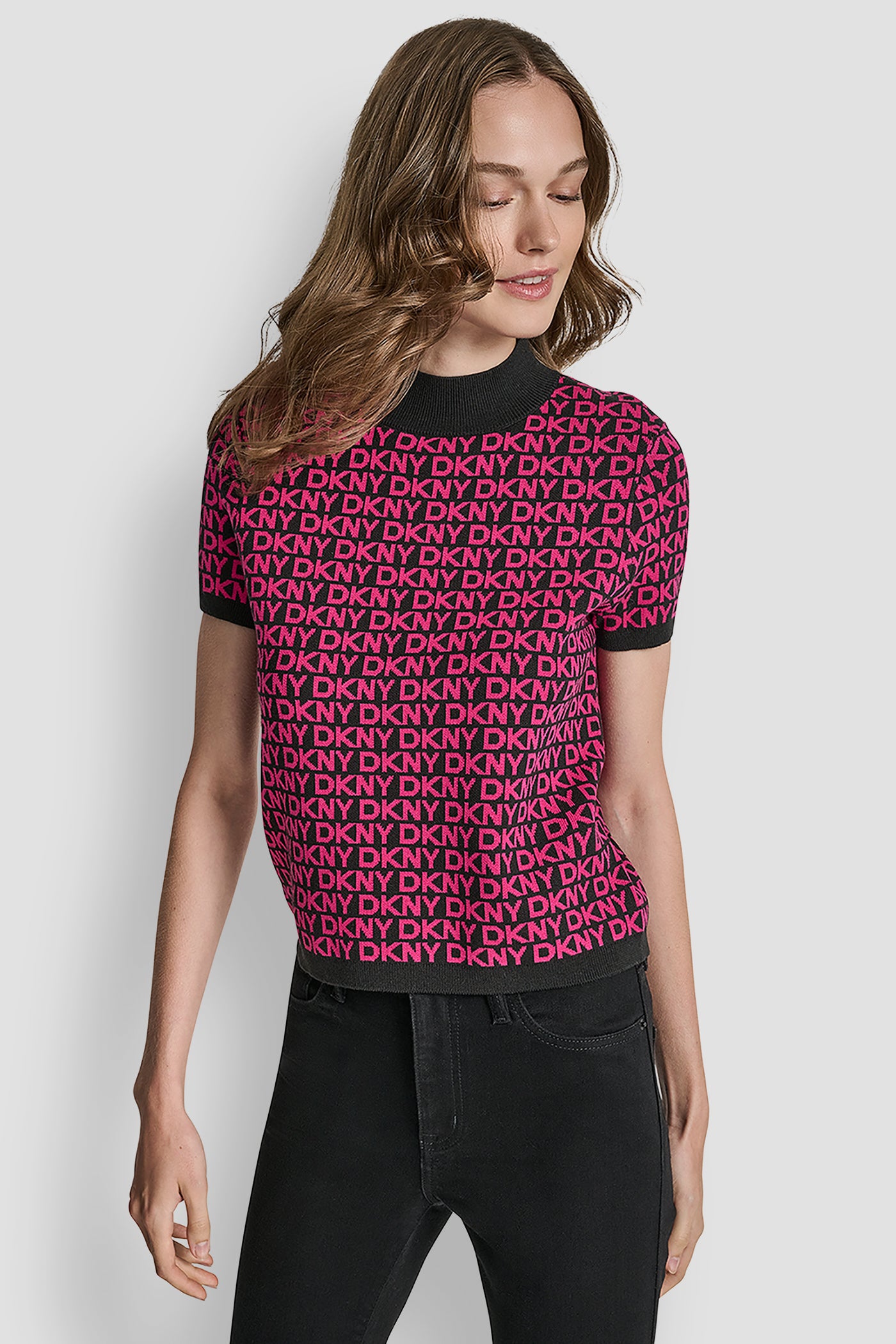 Black/Festive Pink LOGO JACQUARD TOP, FRONT VIEW | WOMEN'S SWEATERS & TOPS
