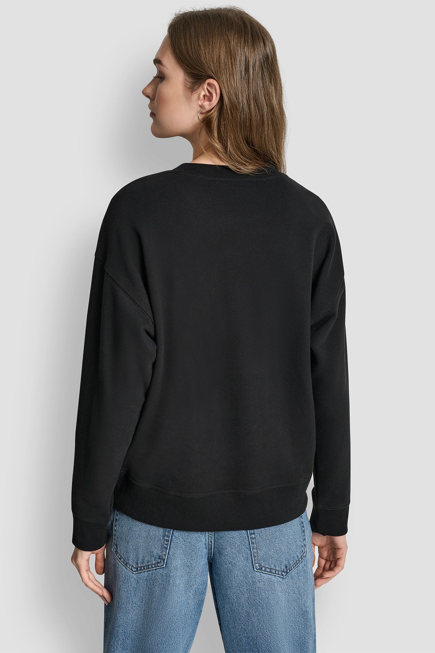 BLACK/BLACK/WHITE DKNY JEANS CHAINSTITCH OUTLINE LOGO CREW NECK SWEATSHIRT, BACK VIEW | DKNY Promo