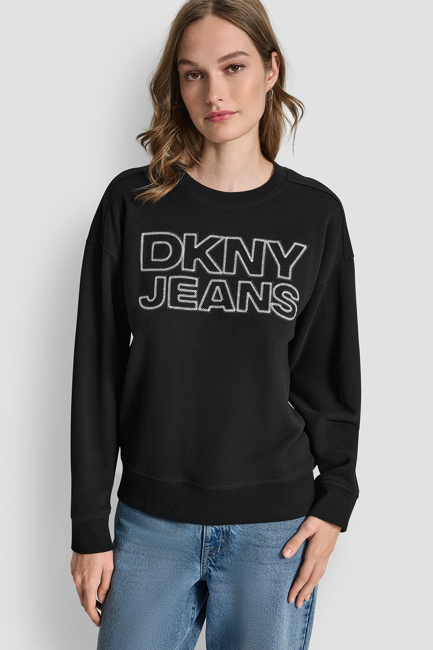 BLACK/BLACK/WHITE DKNY JEANS CHAINSTITCH OUTLINE LOGO CREW NECK SWEATSHIRT, FRONT VIEW | DKNY Promo