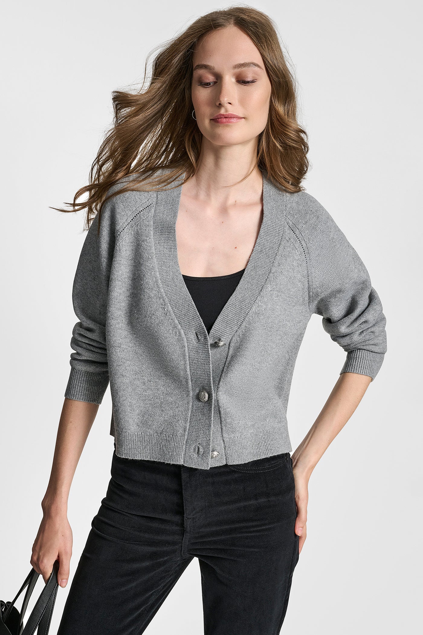 STORM GREY HEATHER V-NECK RAGLAN CARDIGAN WITH REGAL BUTTONS, VIEW 1 | New clothing