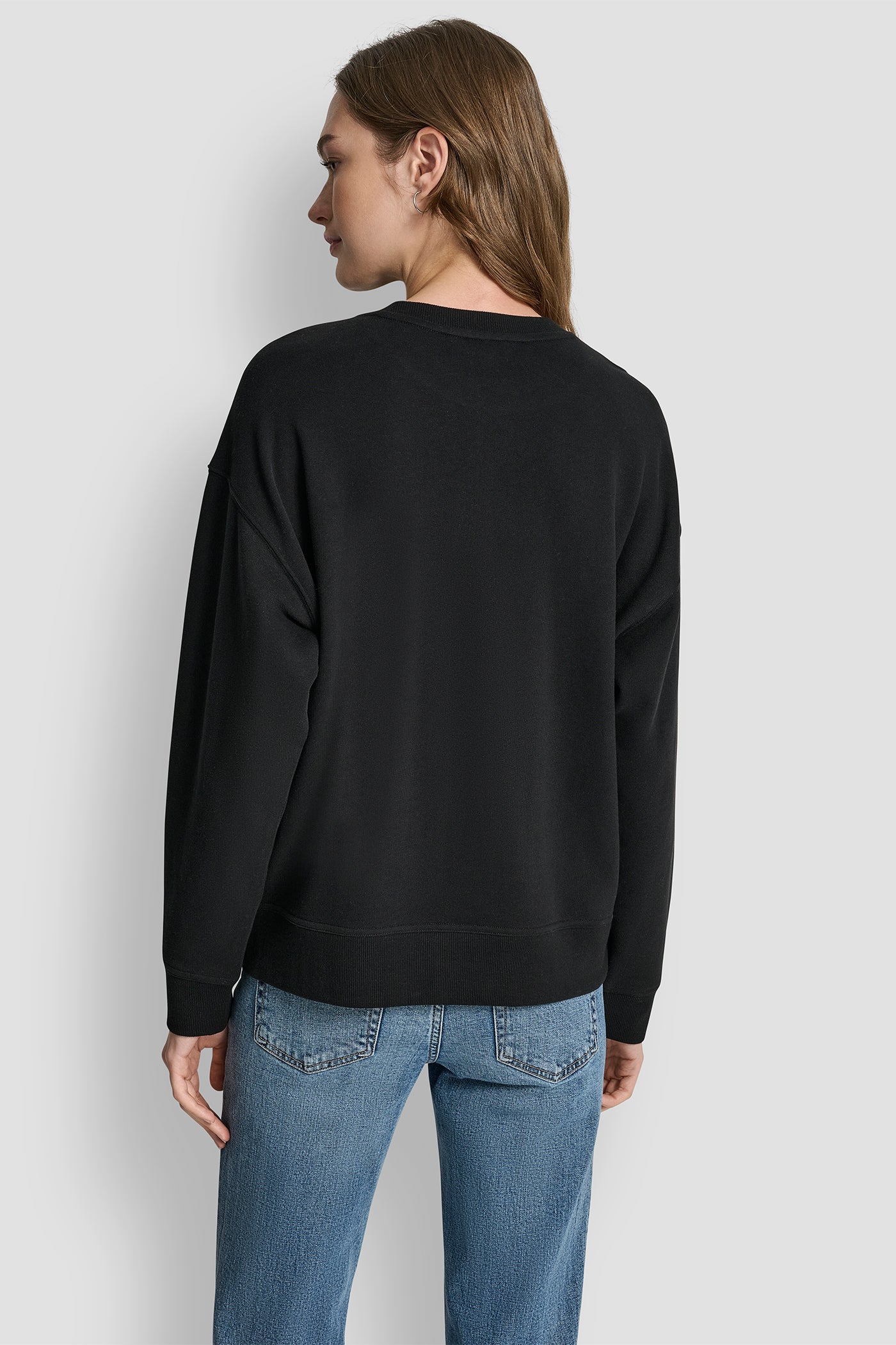 BLACK/BLACK/PEWTER DKNY OUTLINE RHINESTONE NY PRINTED LOGO CREW NECK SWEATSHIRT, BACK VIEW | DKNY Promo