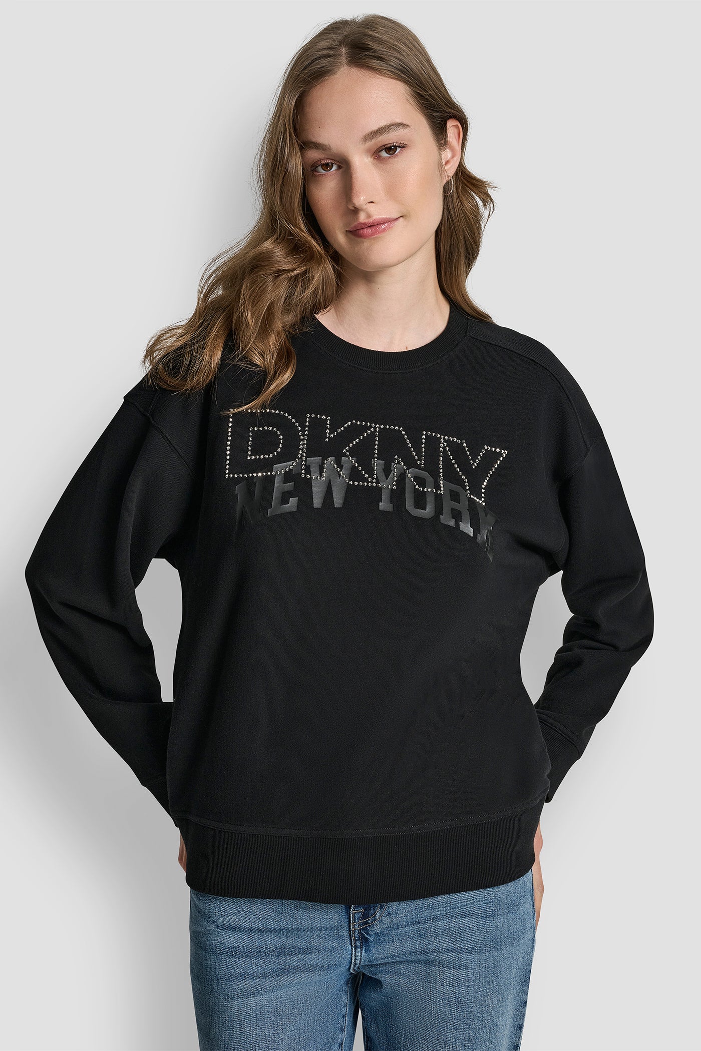 BLACK/BLACK/PEWTER DKNY OUTLINE RHINESTONE NY PRINTED LOGO CREW NECK SWEATSHIRT, FRONT VIEW | DKNY Promo