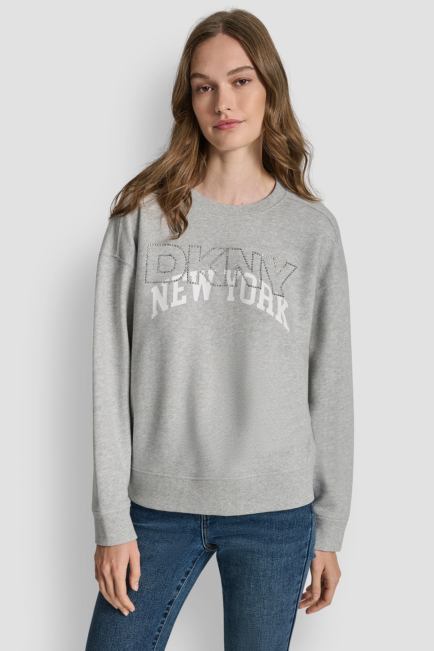 SKY GREY HEATHER/IVORY DKNY OUTLINE RHINESTONE NY PRINTED LOGO CREW NECK SWEATSHIRT, FRONT VIEW | DKNY Promo