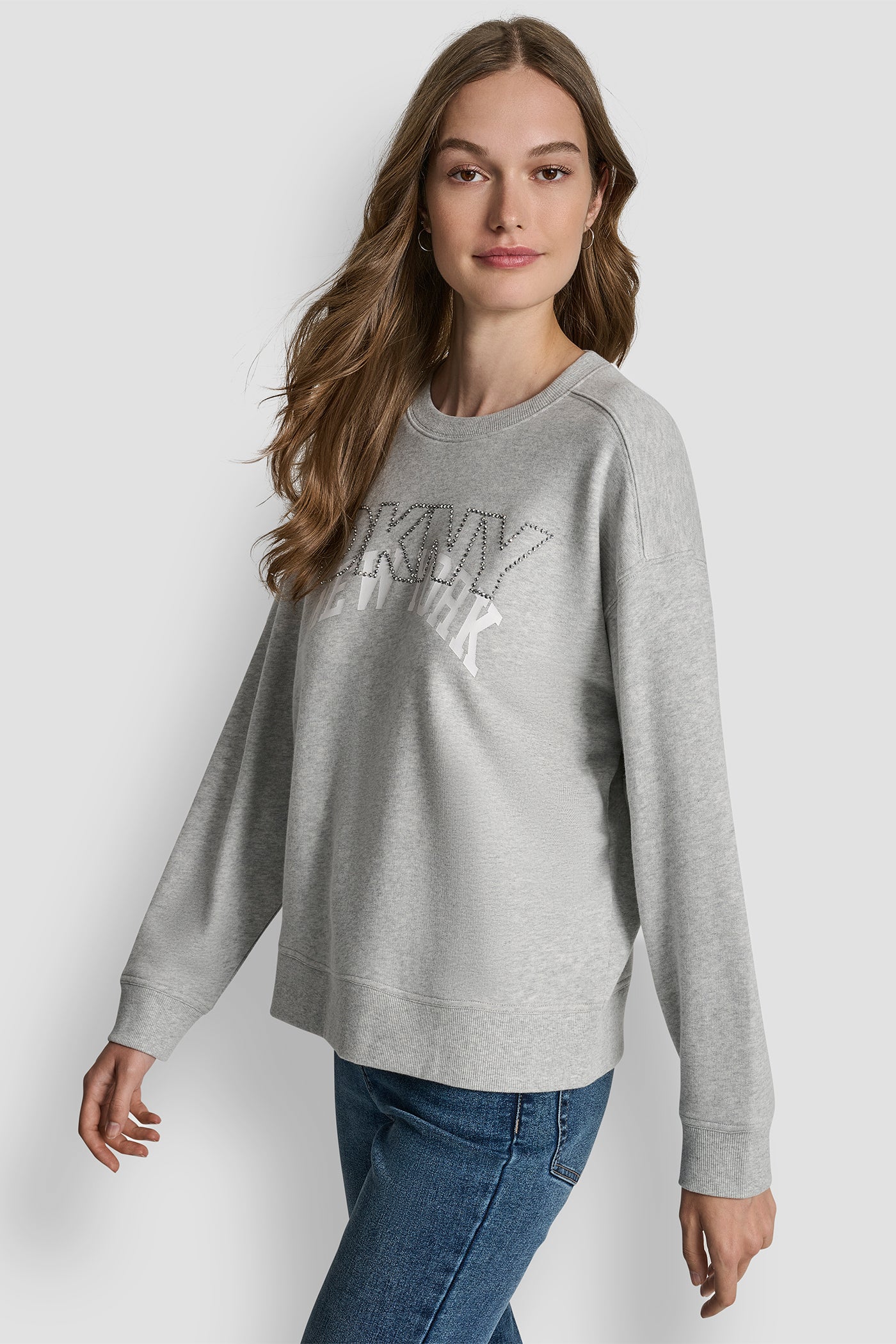 DKNY OUTLINE RHINESTONE NY PRINTED LOGO CREW NECK SWEATSHIRT VIEW 3 | DKNY Promo