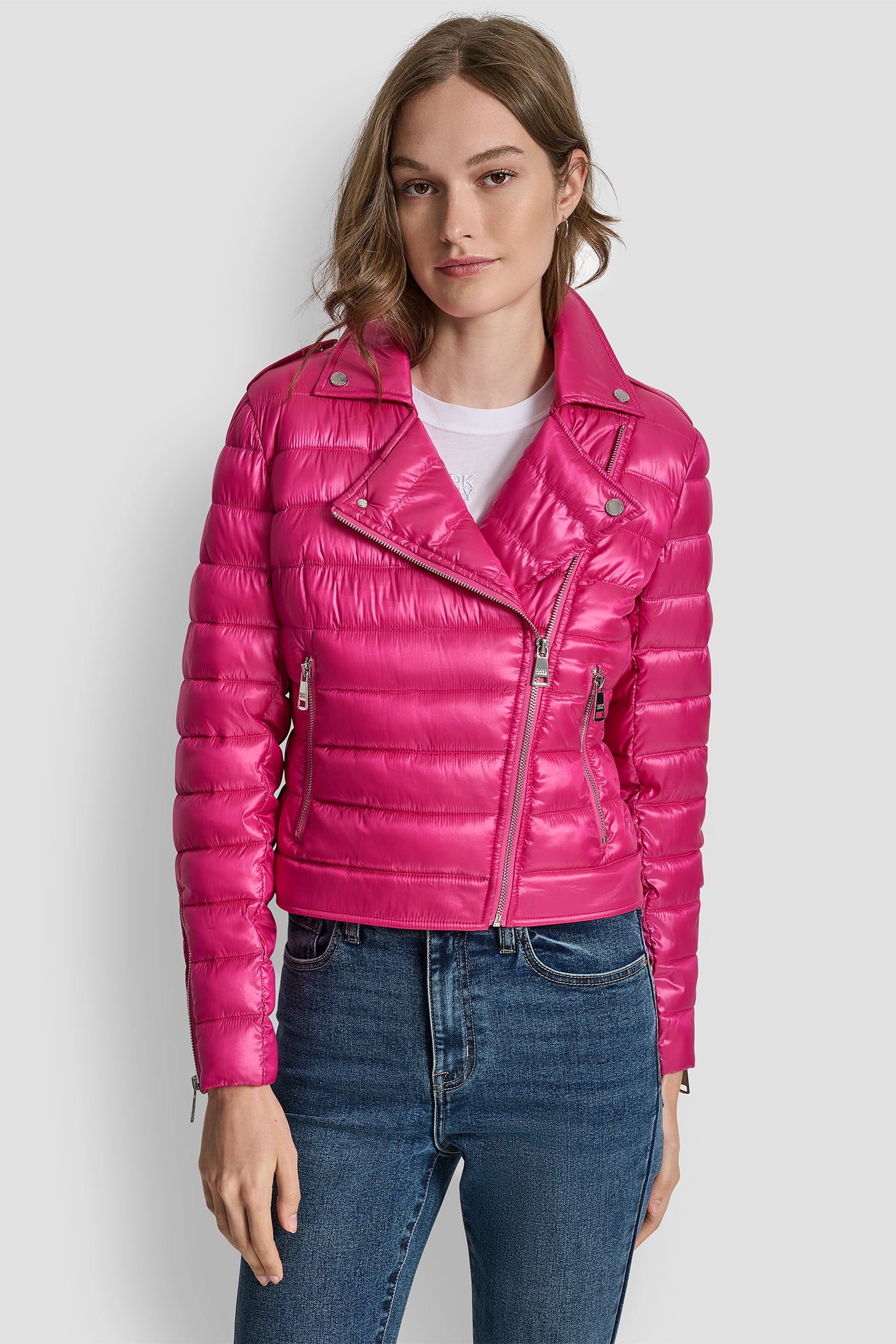FESTIVE PINK MOTO-STYLE PUFFER JACKET, VIEW 1 | WOMENS COATS & JACKETS