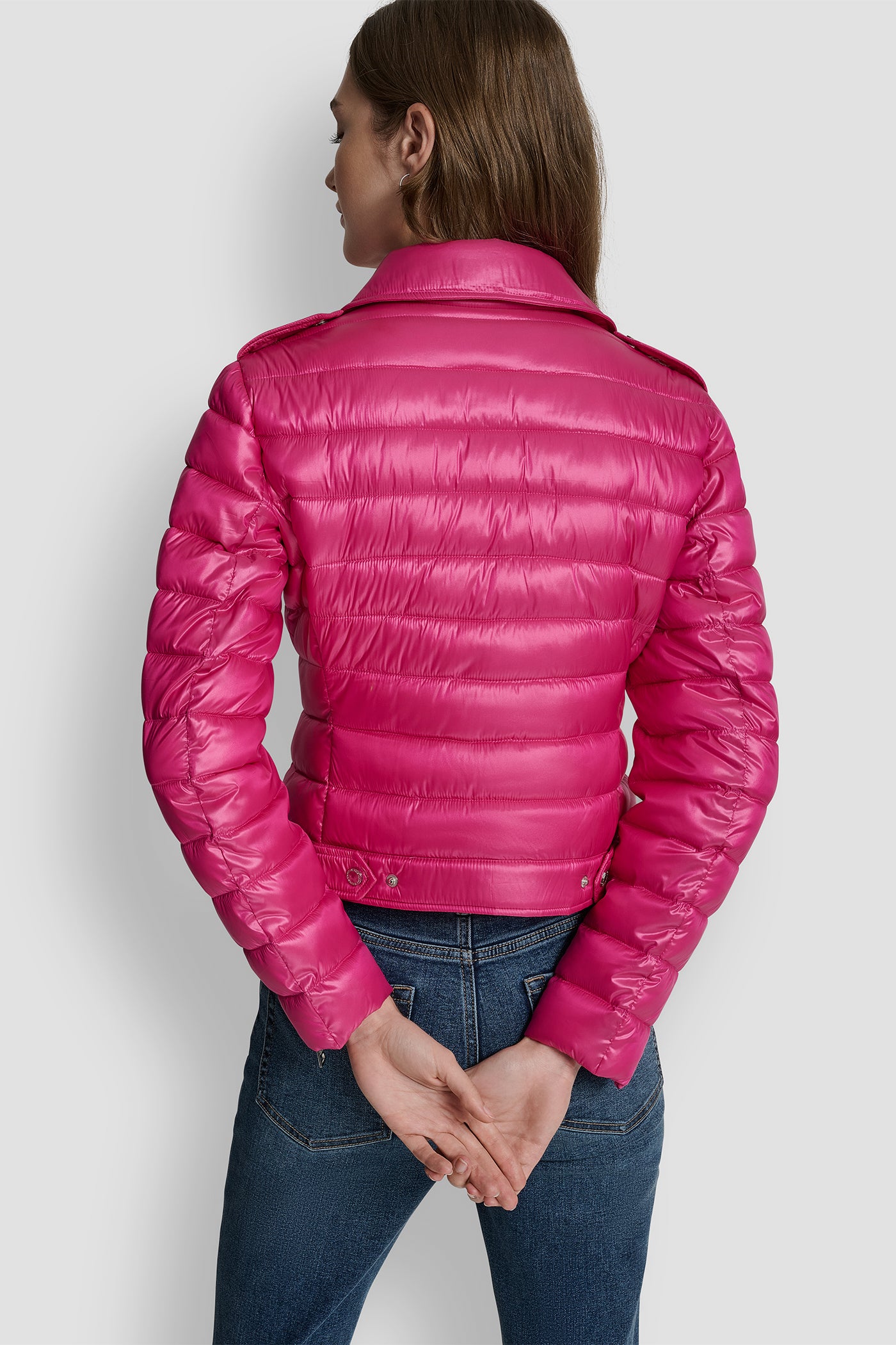 FESTIVE PINK MOTO-STYLE PUFFER JACKET, VIEW 2 | WOMENS COATS & JACKETS