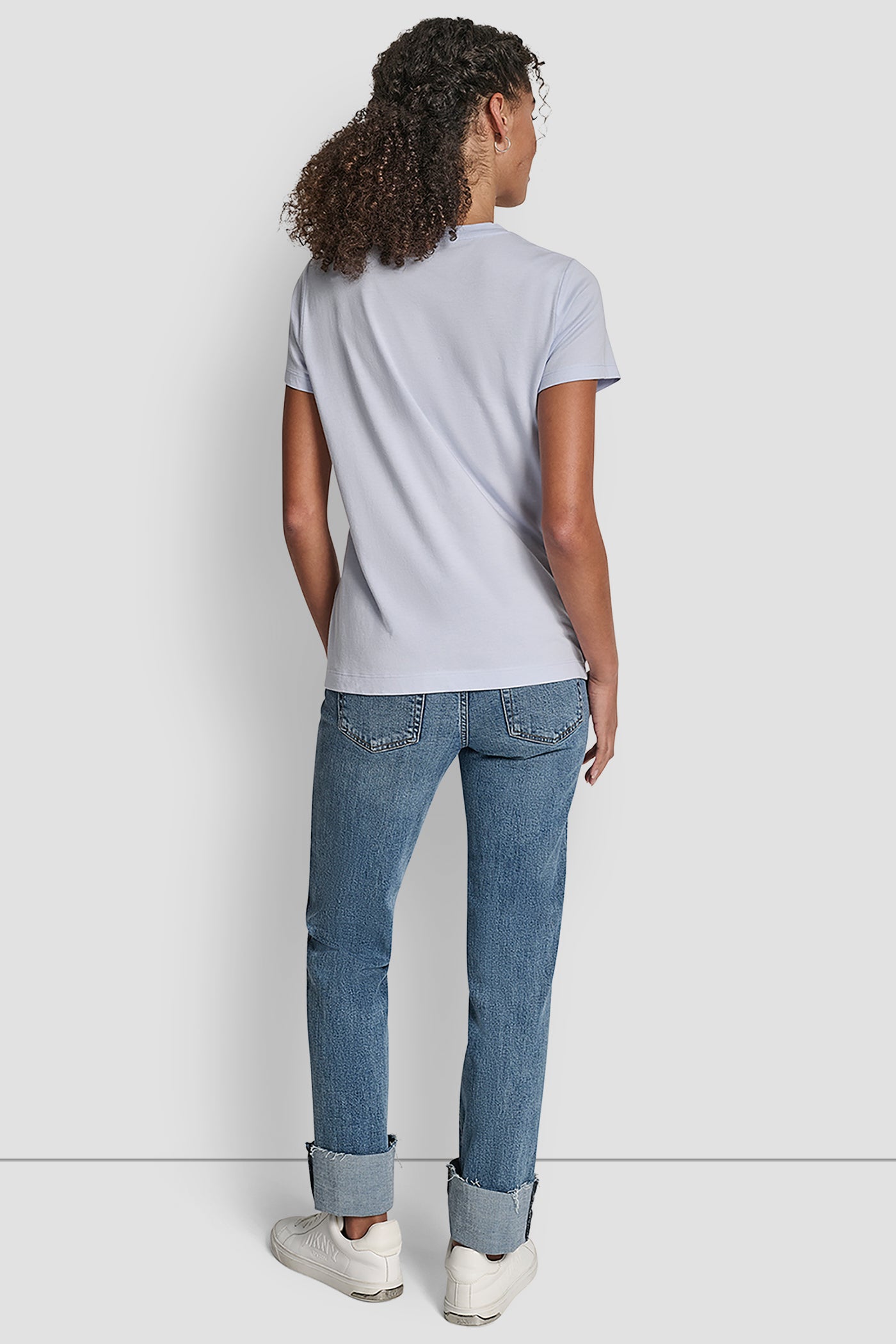 Frost Blue/Silver DKNY JEANS SATIN APPLIQUE CHAINSTITCH LOGO CREW NECK TEE, BACK VIEW | All Products