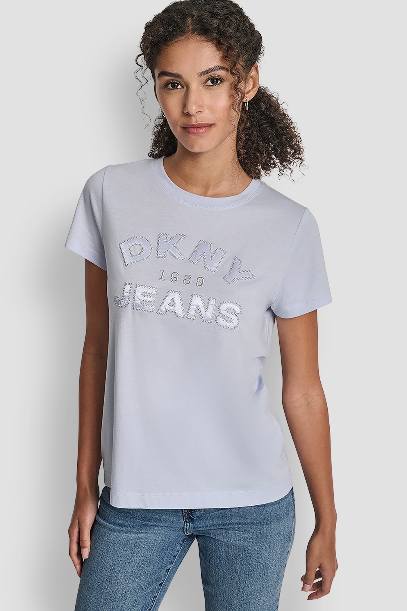 Frost Blue/Silver DKNY JEANS SATIN APPLIQUE CHAINSTITCH LOGO CREW NECK TEE, FRONT VIEW | All Products