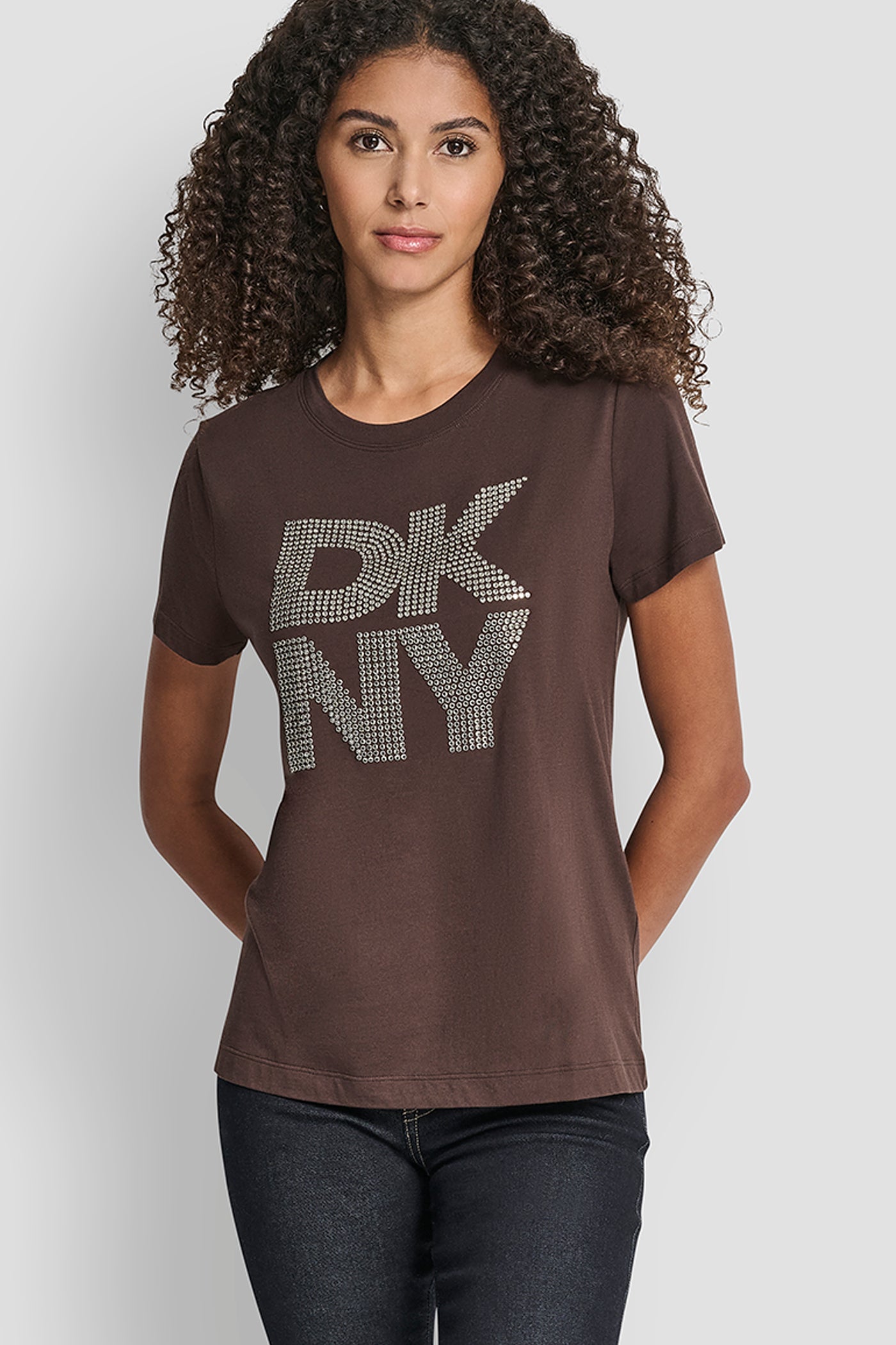Espresso/Smoke Silver DKNY STACKED RHINESTONE LOGO TEE, VIEW 1 | Tees & Tanks