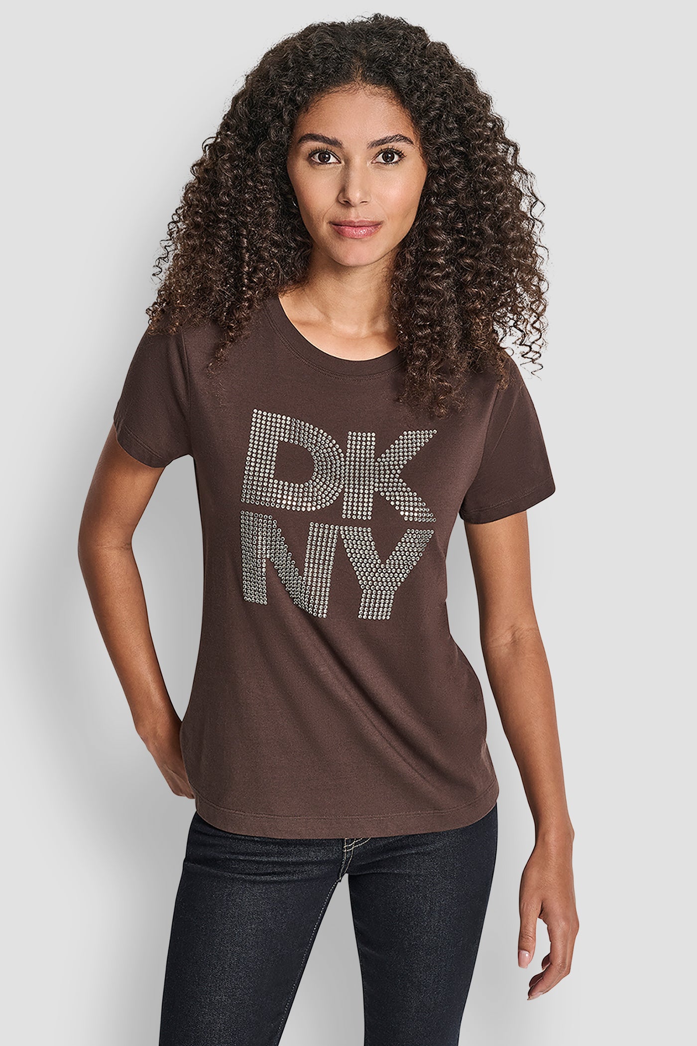 Espresso/Smoke Silver DKNY STACKED RHINESTONE LOGO TEE, FRONT VIEW | Under $100