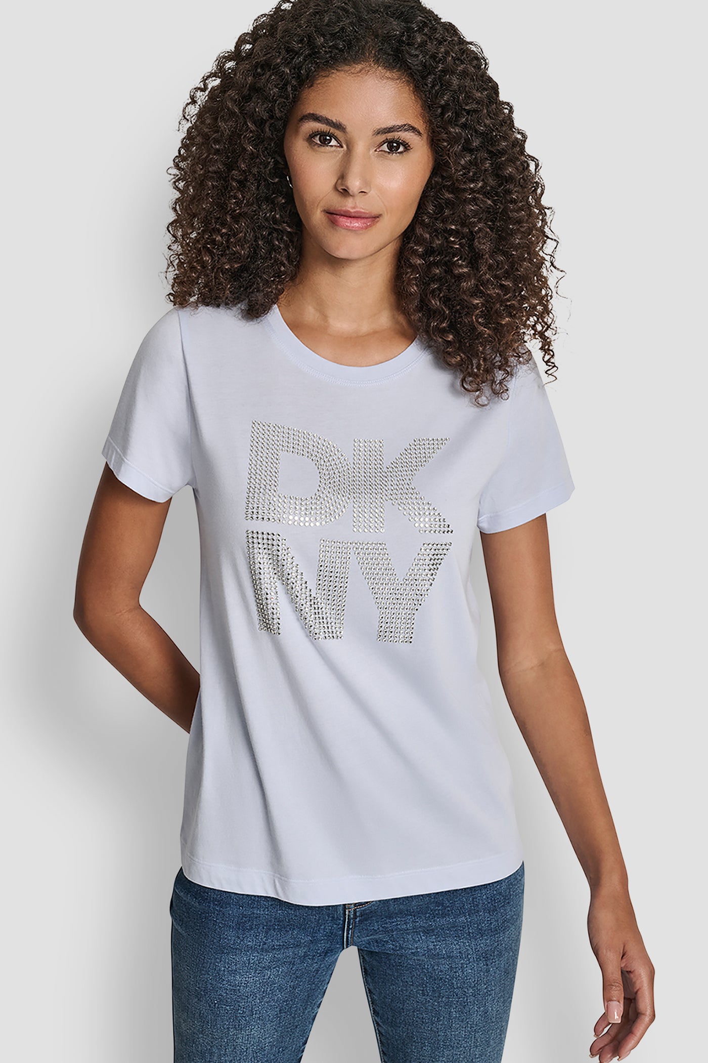 Frost Blue/Clear Silver DKNY STACKED RHINESTONE LOGO TEE, FRONT VIEW | All Products