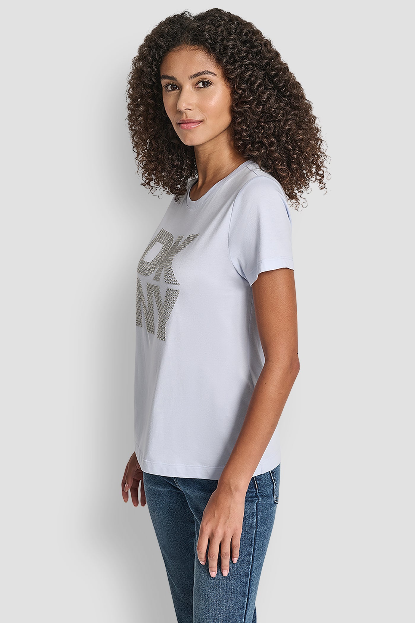 Frost Blue/Clear Silver DKNY STACKED RHINESTONE LOGO TEE, BACK VIEW | All Products